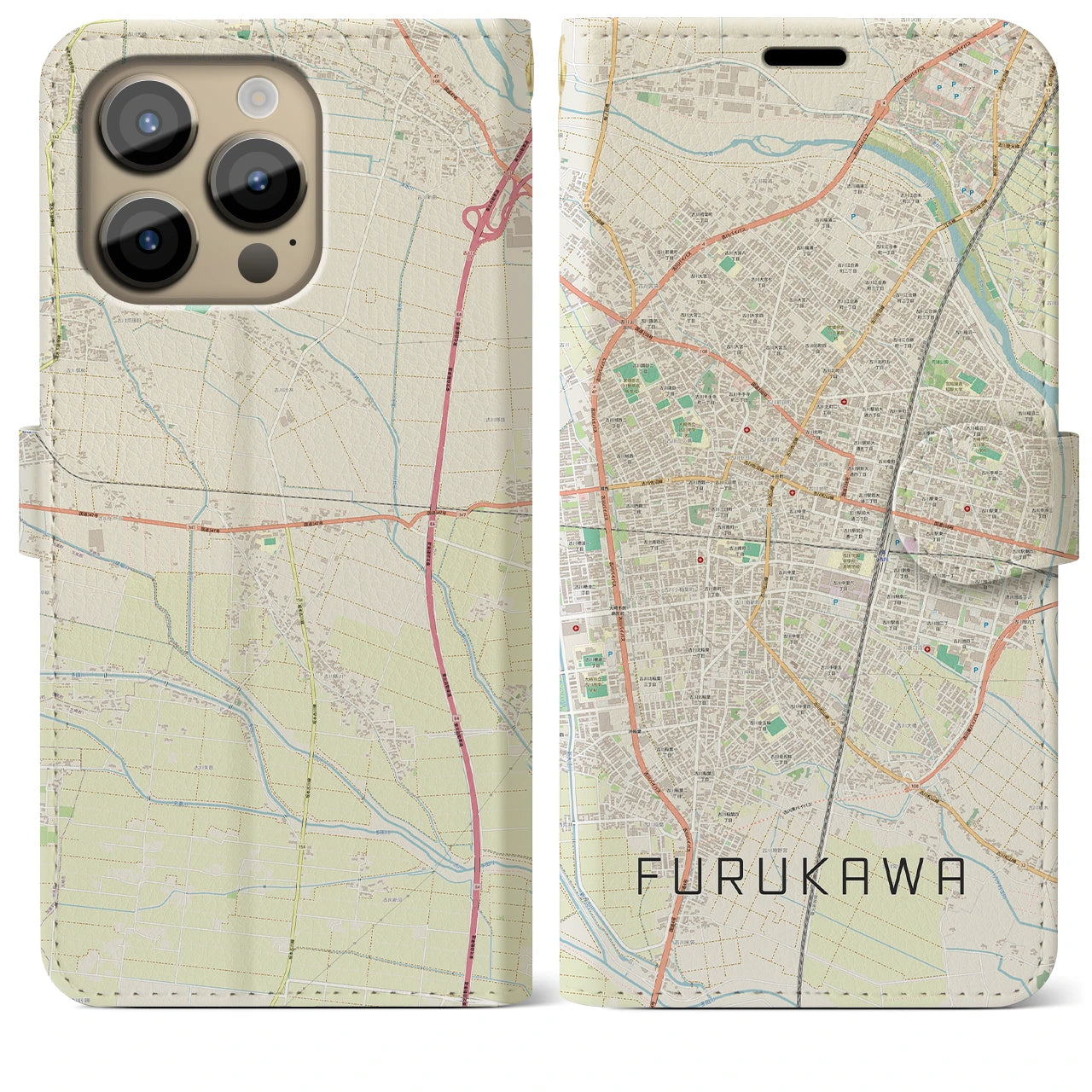 【古川(宮城県)】地図柄iPhoneケース(手帳タイプ)ナチュラル・iPhone 14 Pro Max 用