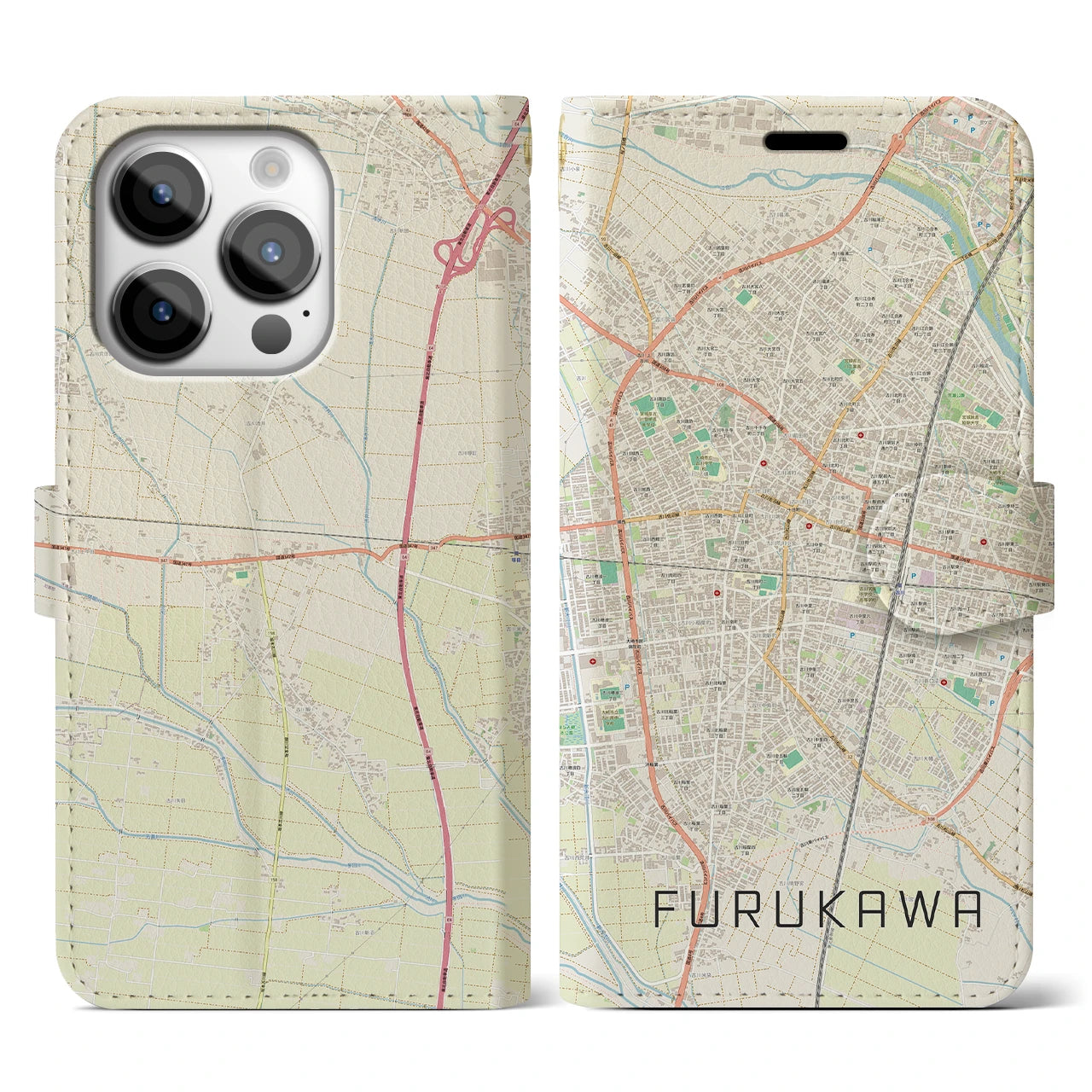 【古川(宮城県)】地図柄iPhoneケース(手帳タイプ)ナチュラル・iPhone 14 Pro 用