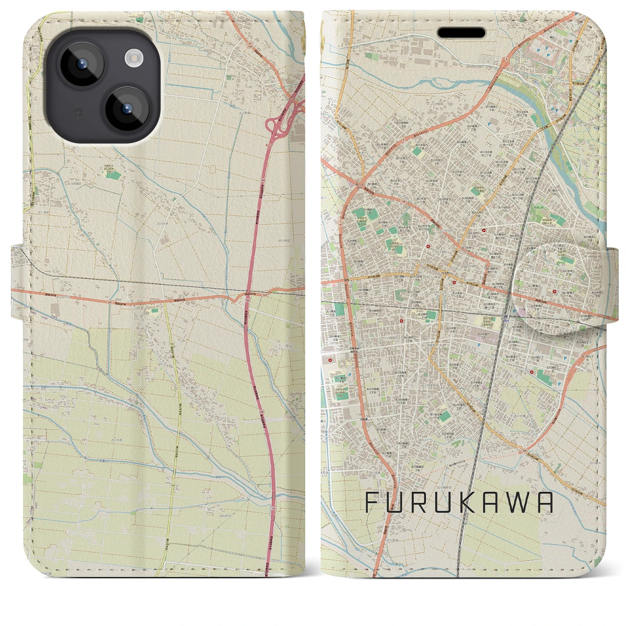 【古川(宮城県)】地図柄iPhoneケース(手帳タイプ)ナチュラル・iPhone 14 Plus 用