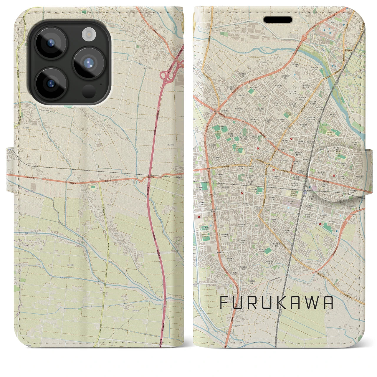【古川(宮城県)】地図柄iPhoneケース(手帳タイプ)ナチュラル・iPhone 15 Pro Max 用