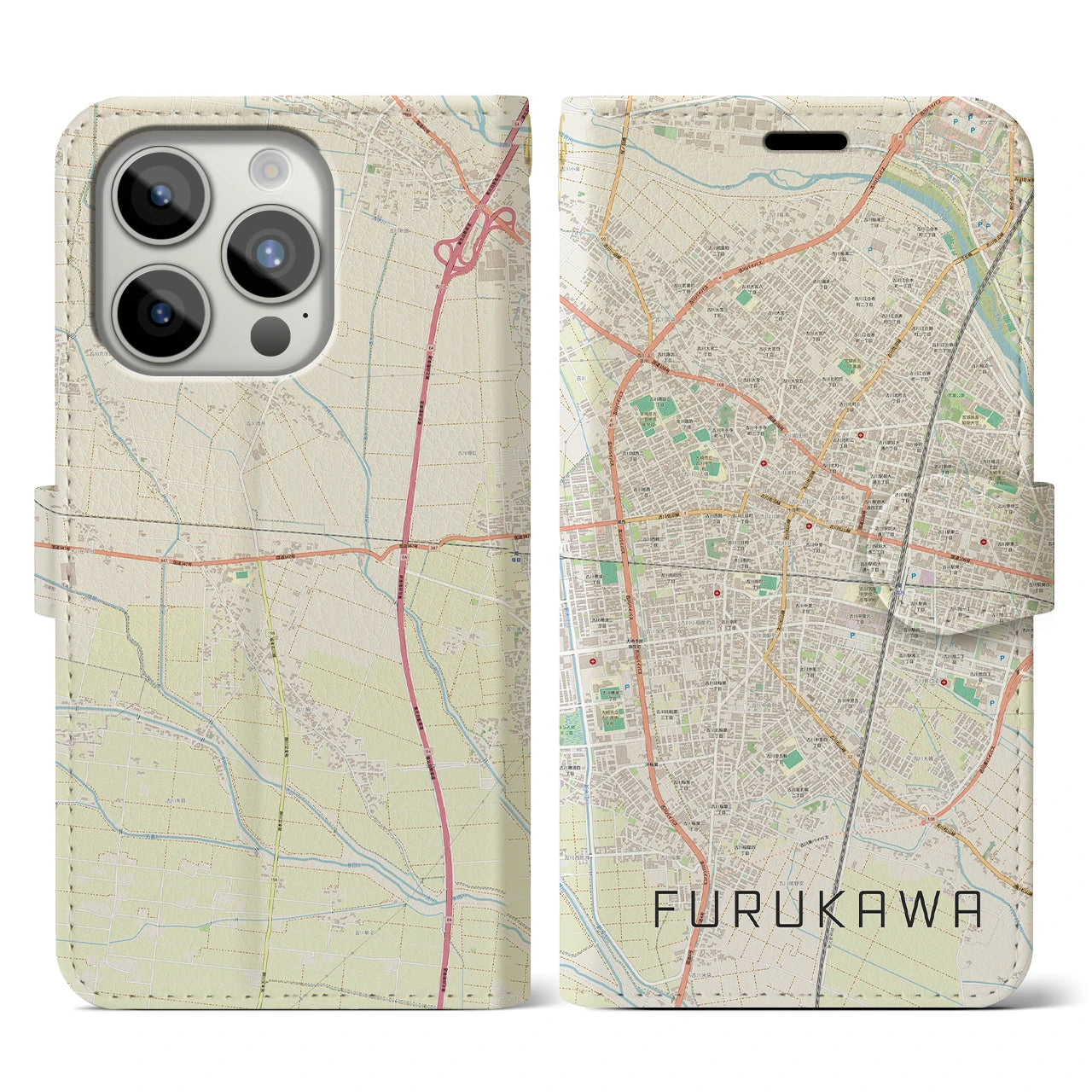 【古川(宮城県)】地図柄iPhoneケース(手帳タイプ)ナチュラル・iPhone 15 Pro 用