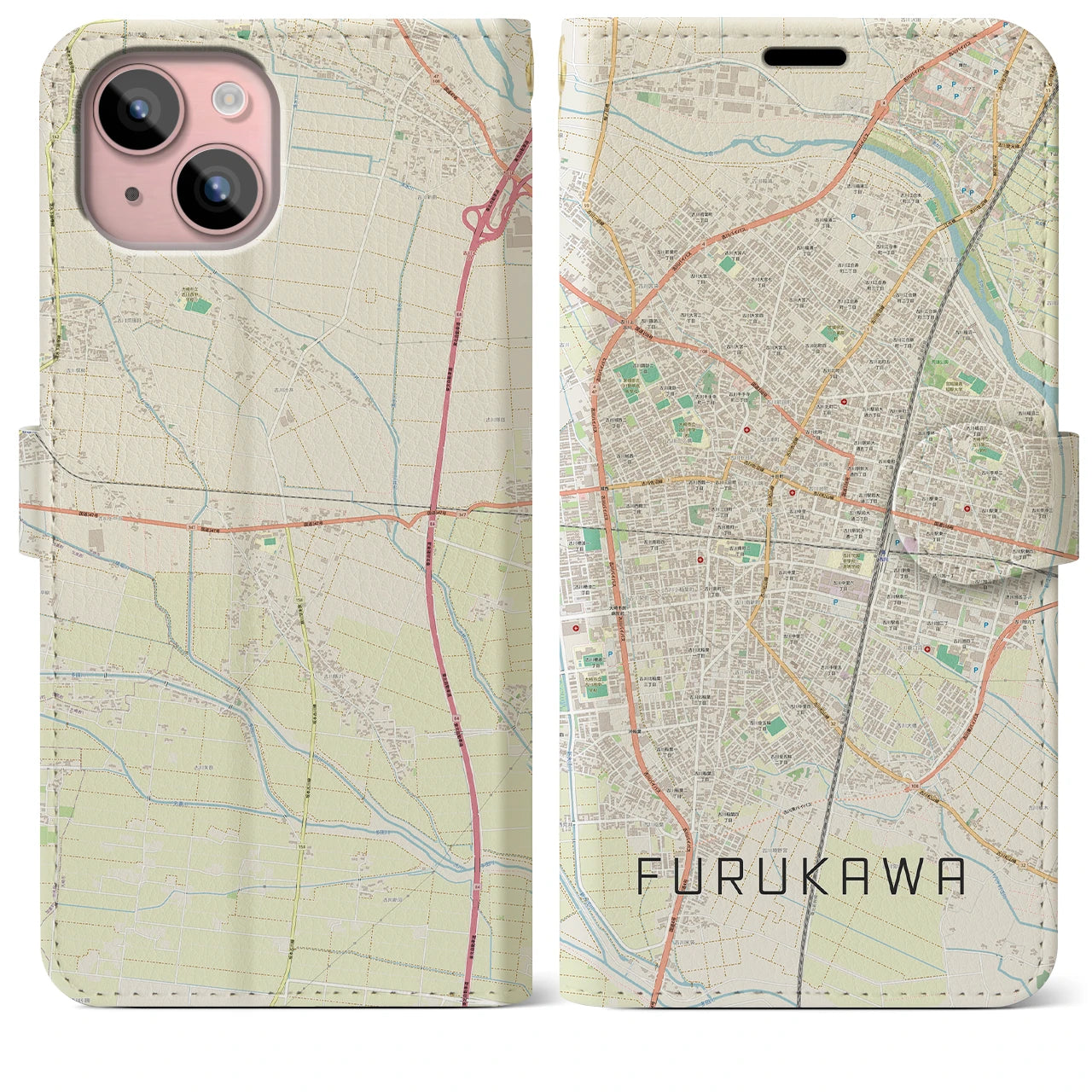 【古川(宮城県)】地図柄iPhoneケース(手帳タイプ)ナチュラル・iPhone 15 Plus 用