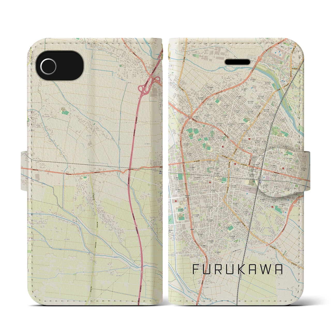 【古川(宮城県)】地図柄iPhoneケース(手帳タイプ)ナチュラル・iPhone SE(第3 / 第2世代) / 8 / 7 / 6s / 6 用
