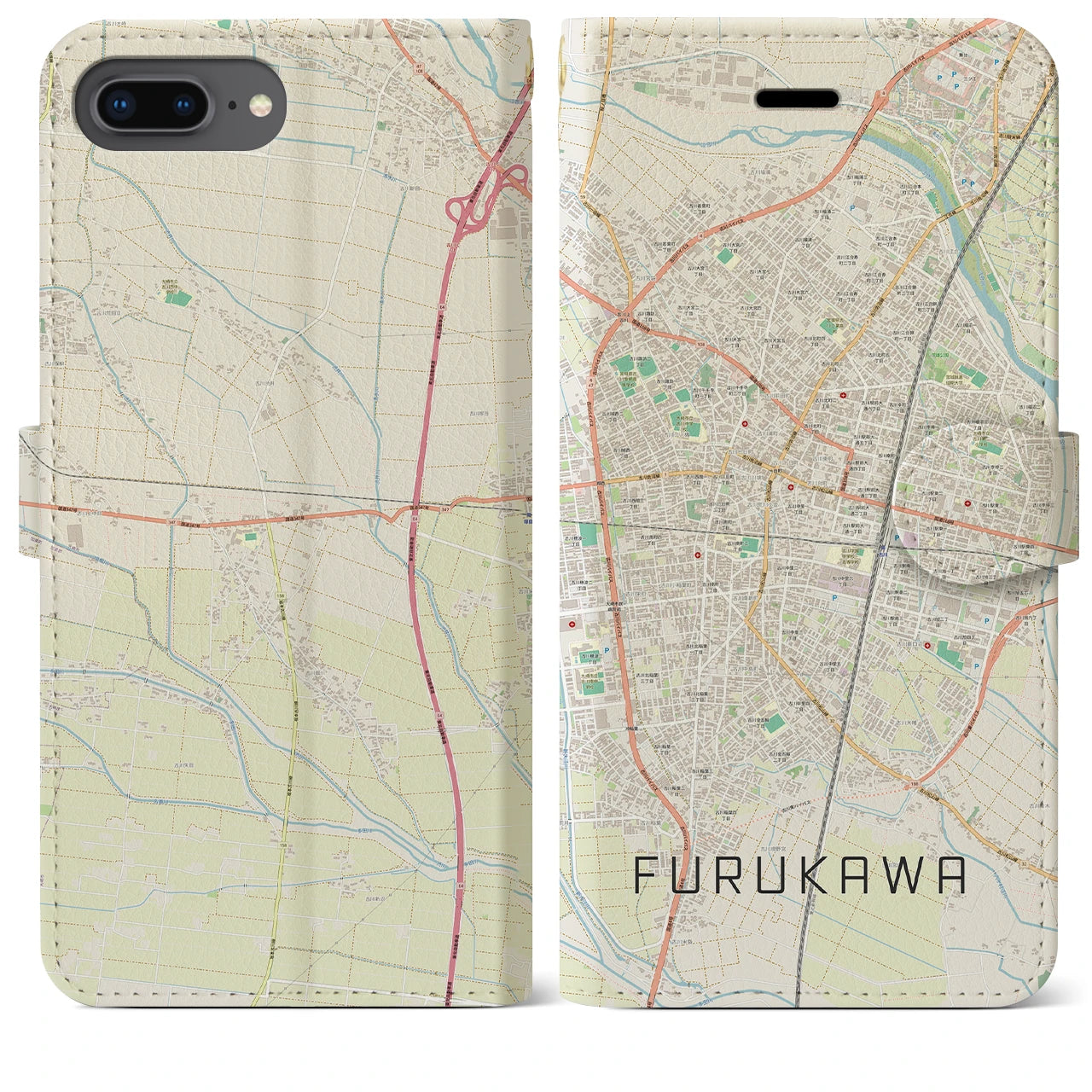 【古川(宮城県)】地図柄iPhoneケース(手帳タイプ)ナチュラル・iPhone 8Plus /7Plus / 6sPlus / 6Plus 用