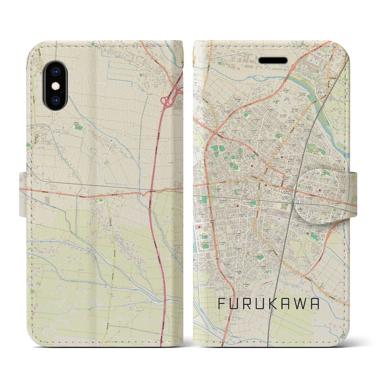 【古川(宮城県)】地図柄iPhoneケース(手帳タイプ)ナチュラル・iPhone XS / X 用