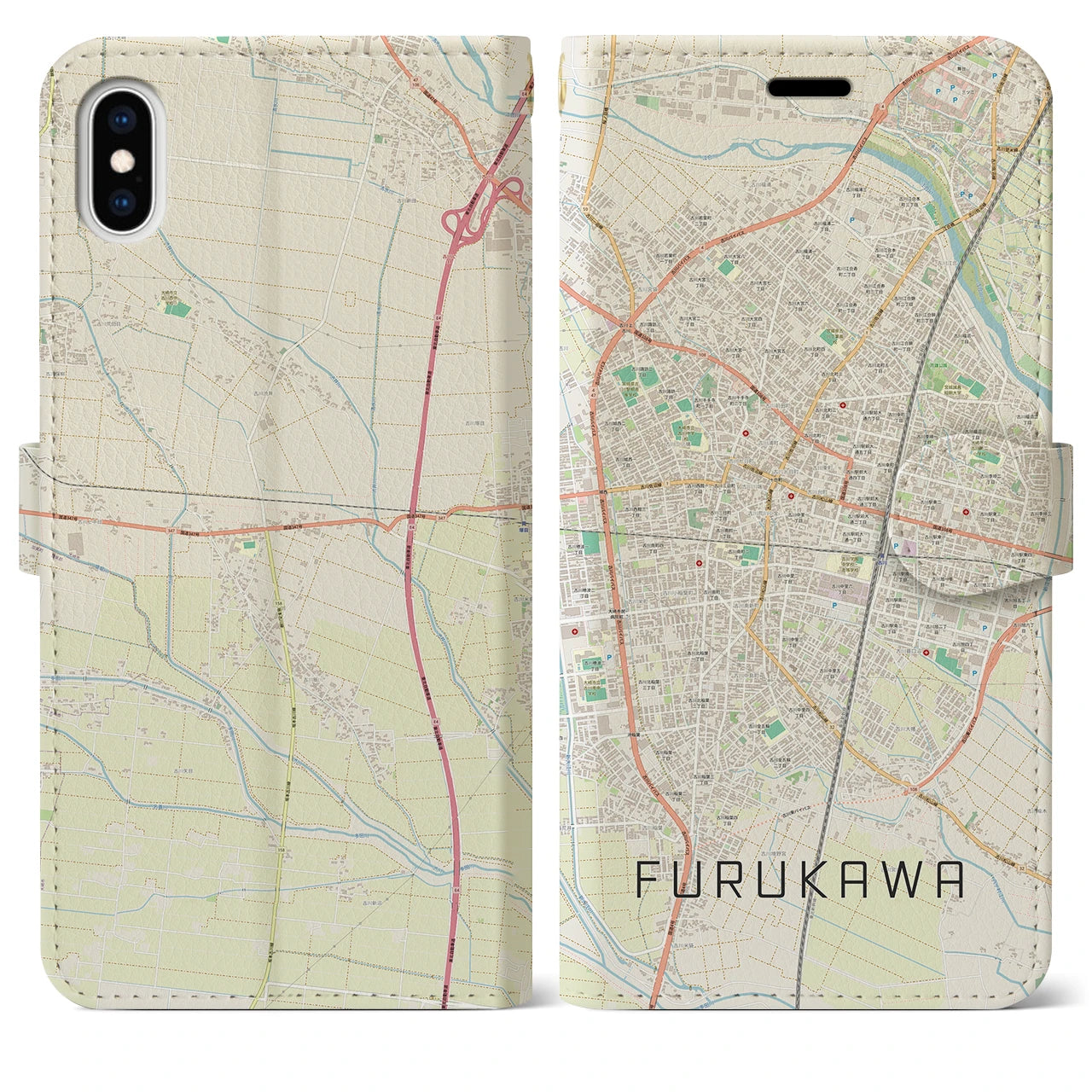 【古川(宮城県)】地図柄iPhoneケース(手帳タイプ)ナチュラル・iPhone XS Max 用
