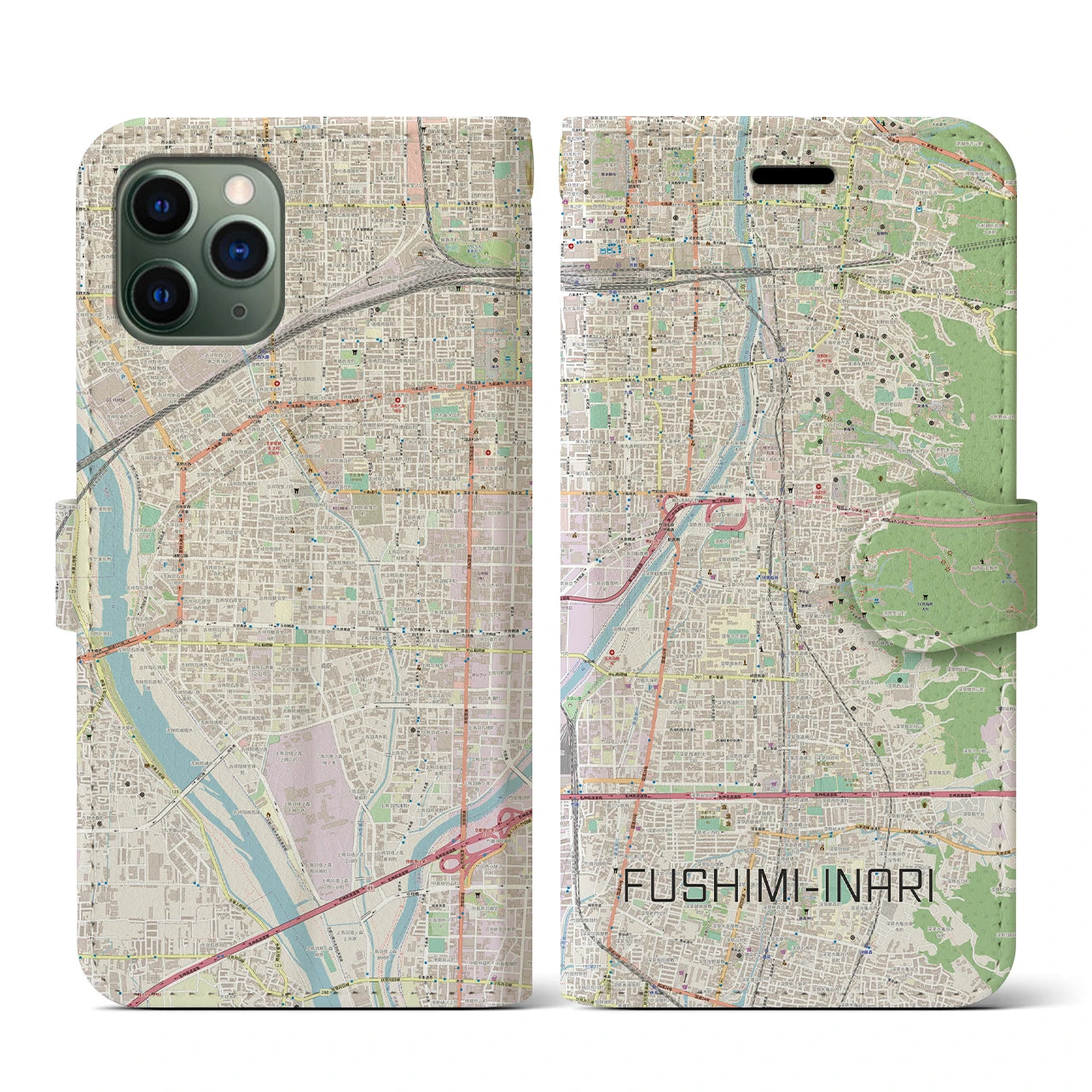 【伏見稲荷(京都府)】地図柄iPhoneケース(手帳タイプ)ナチュラル・iPhone 11 Pro 用