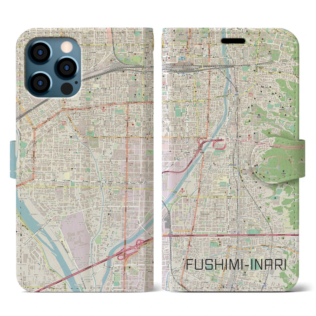 【伏見稲荷(京都府)】地図柄iPhoneケース(手帳タイプ)ナチュラル・iPhone 12 / 12 Pro 用