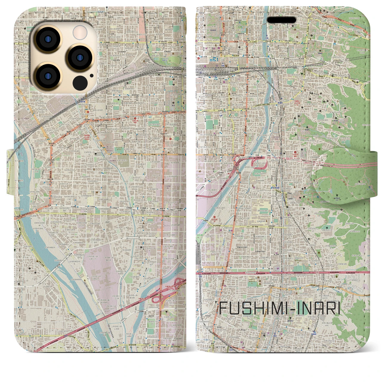 【伏見稲荷(京都府)】地図柄iPhoneケース(手帳タイプ)ナチュラル・iPhone 12 Pro Max 用