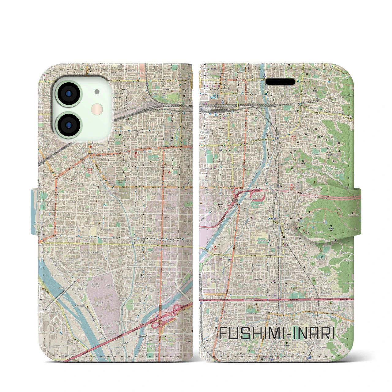 【伏見稲荷(京都府)】地図柄iPhoneケース(手帳タイプ)ナチュラル・iPhone 12 mini 用