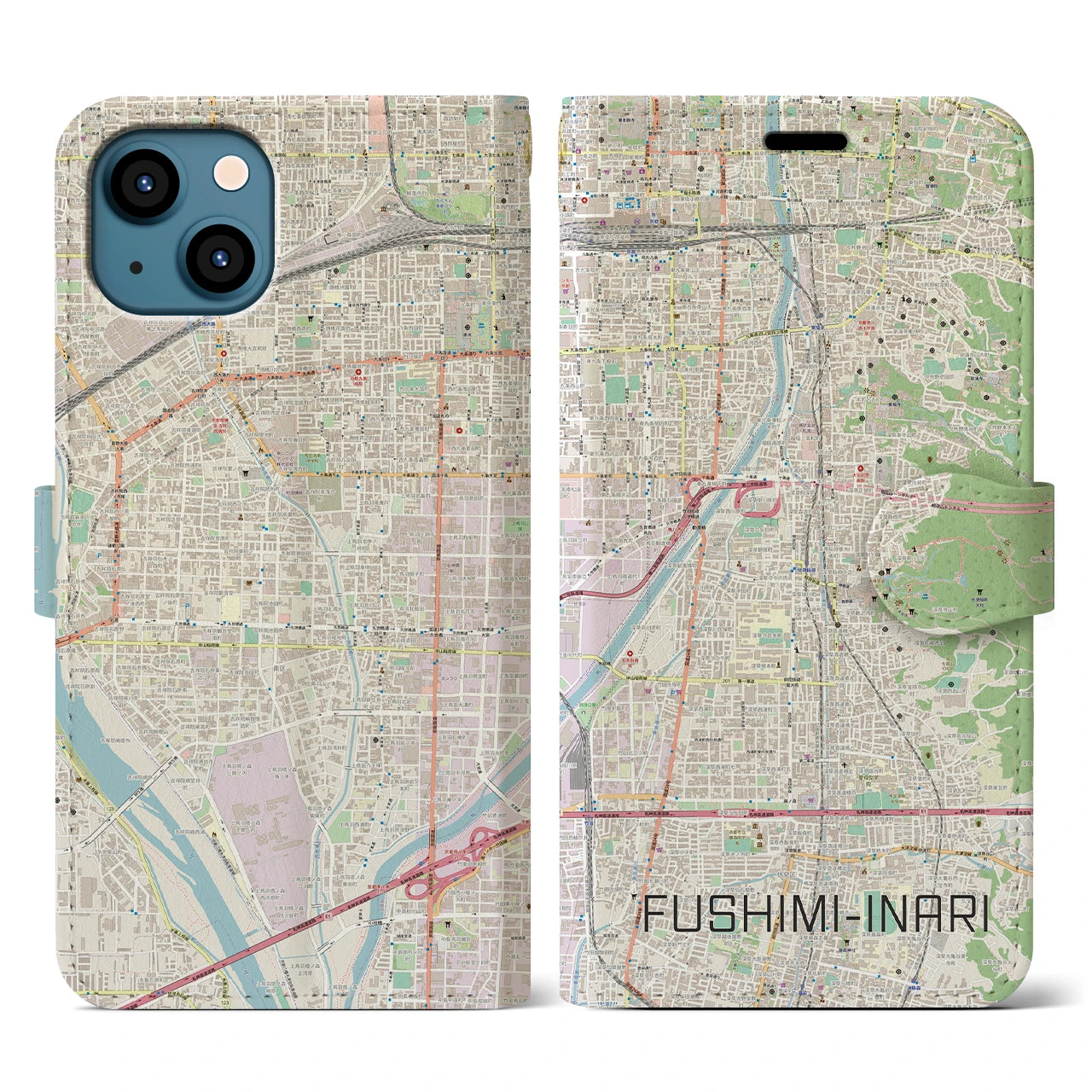【伏見稲荷(京都府)】地図柄iPhoneケース(手帳タイプ)ナチュラル・iPhone 13 用