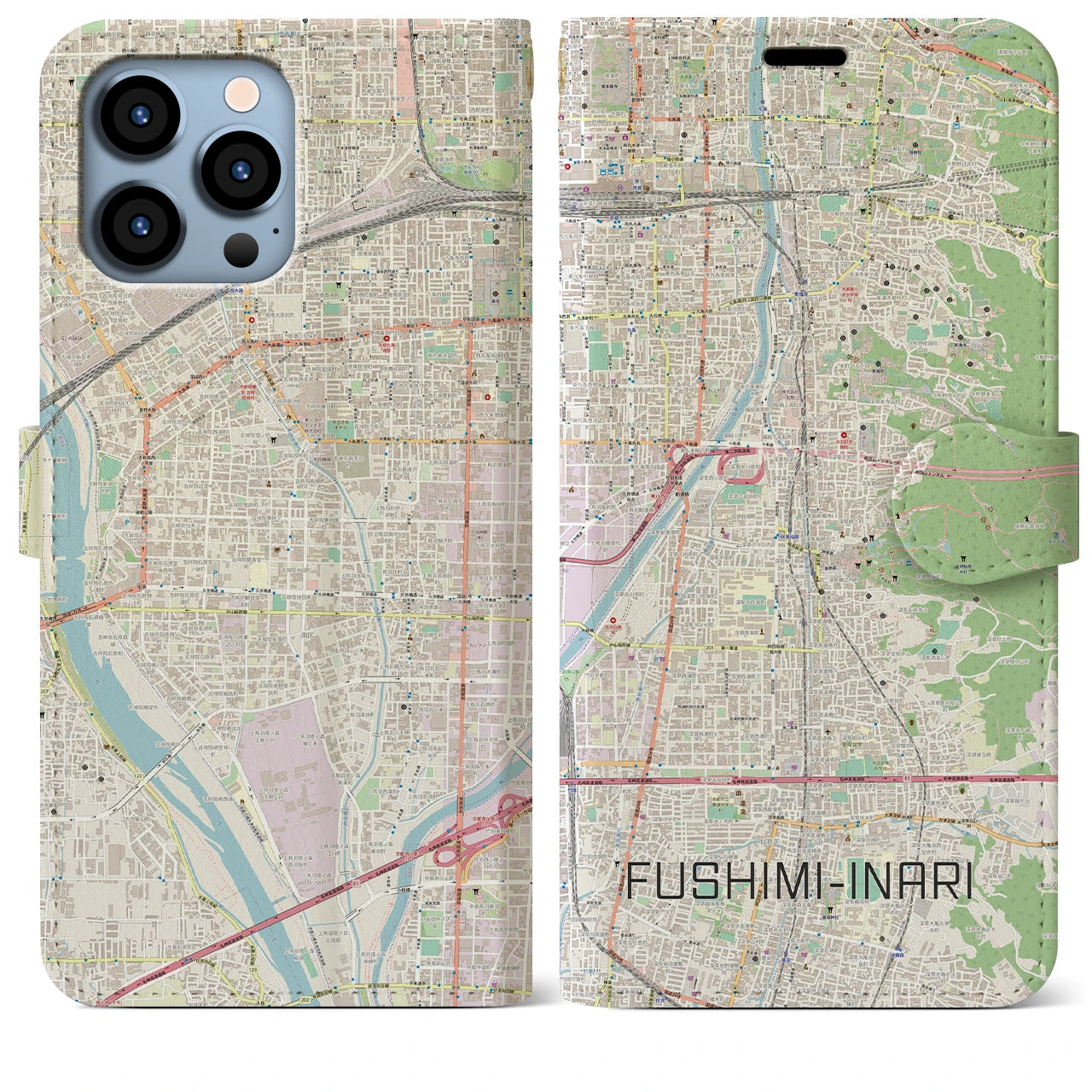 【伏見稲荷(京都府)】地図柄iPhoneケース(手帳タイプ)ナチュラル・iPhone 13 Pro Max 用