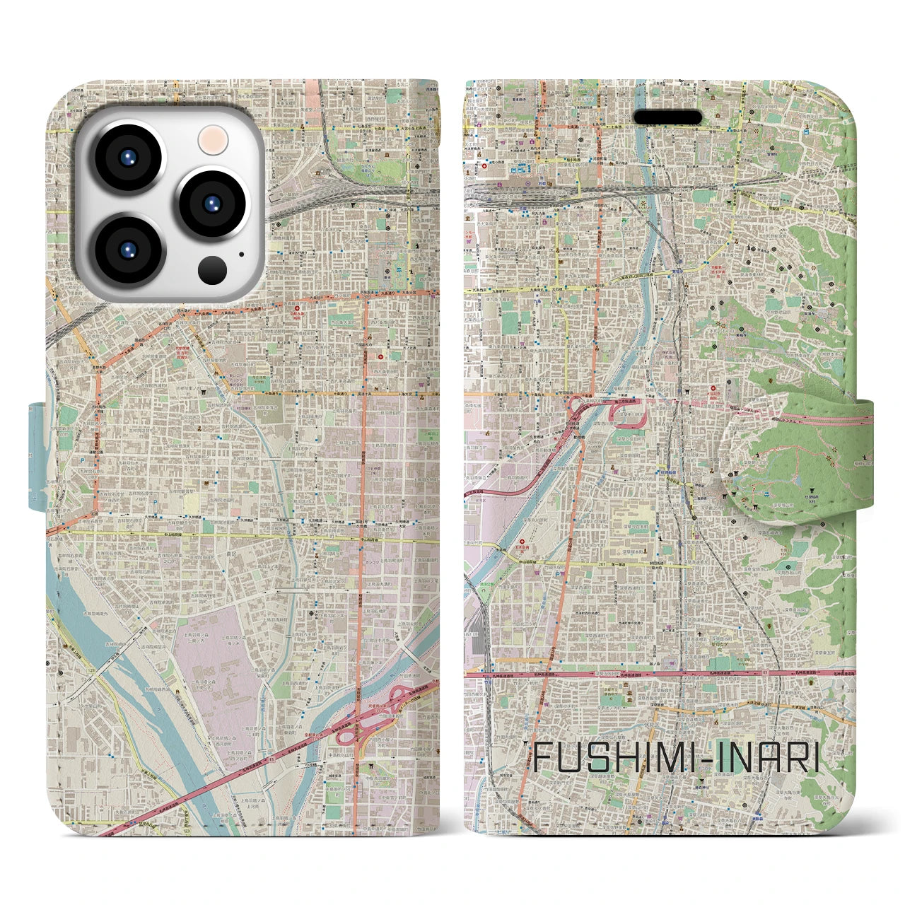 【伏見稲荷(京都府)】地図柄iPhoneケース(手帳タイプ)ナチュラル・iPhone 13 Pro 用