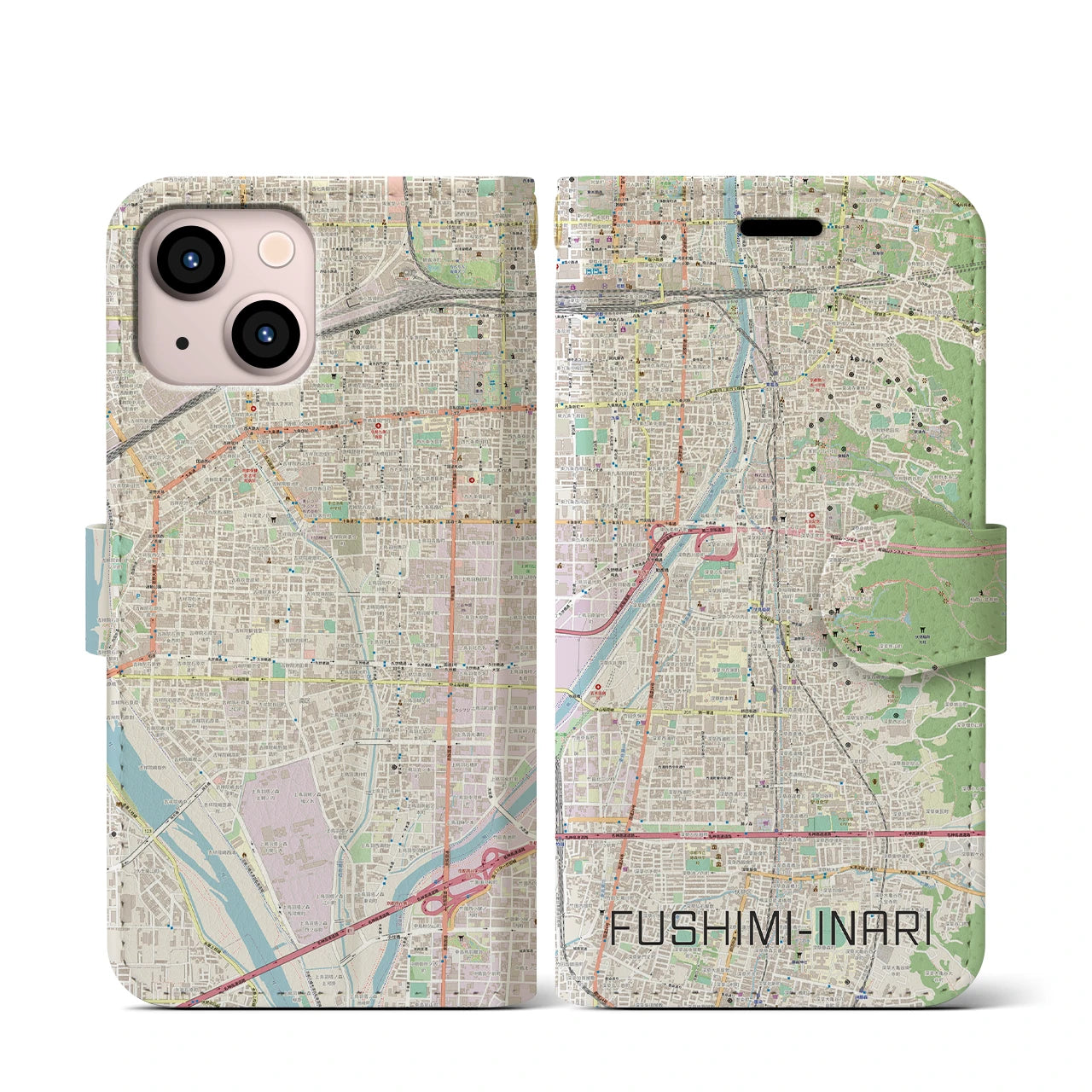 【伏見稲荷(京都府)】地図柄iPhoneケース(手帳タイプ)ナチュラル・iPhone 13 mini 用