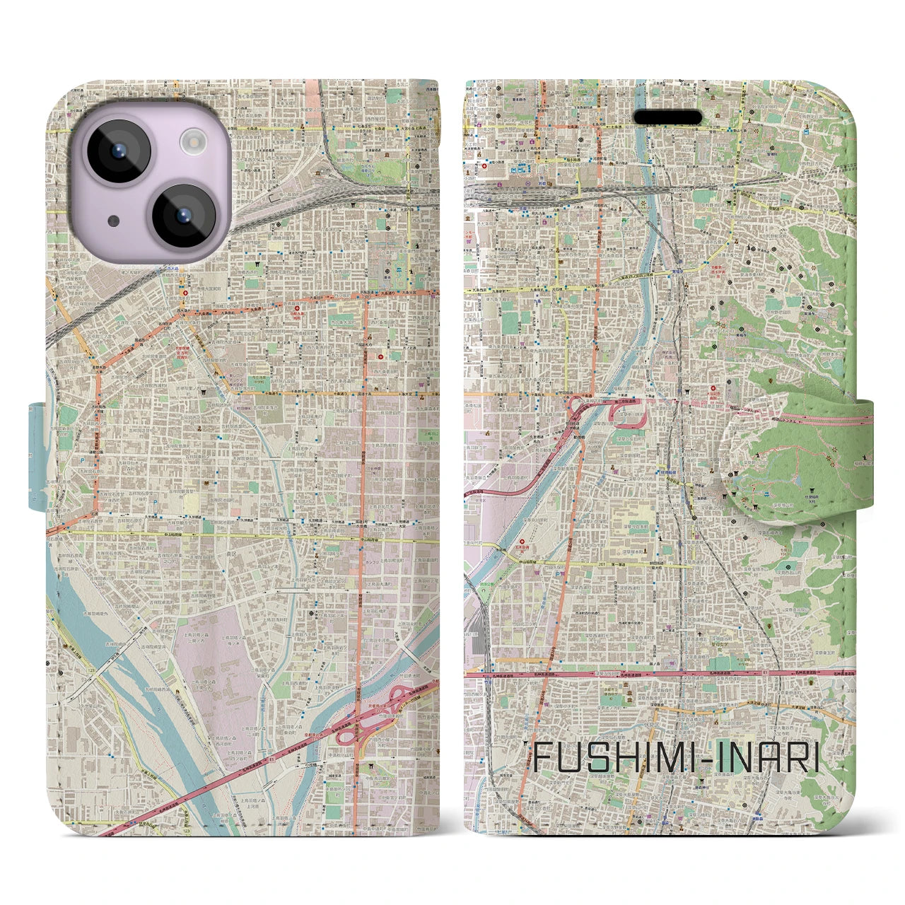 【伏見稲荷(京都府)】地図柄iPhoneケース(手帳タイプ)ナチュラル・iPhone 14 用