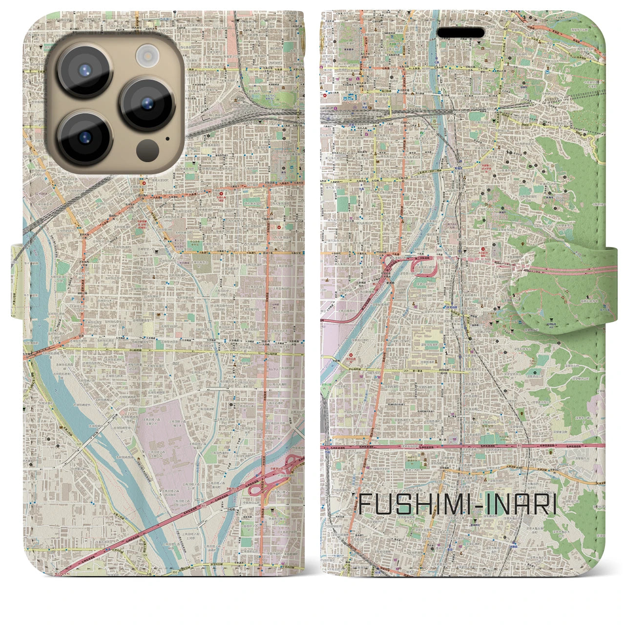 【伏見稲荷(京都府)】地図柄iPhoneケース(手帳タイプ)ナチュラル・iPhone 14 Pro Max 用