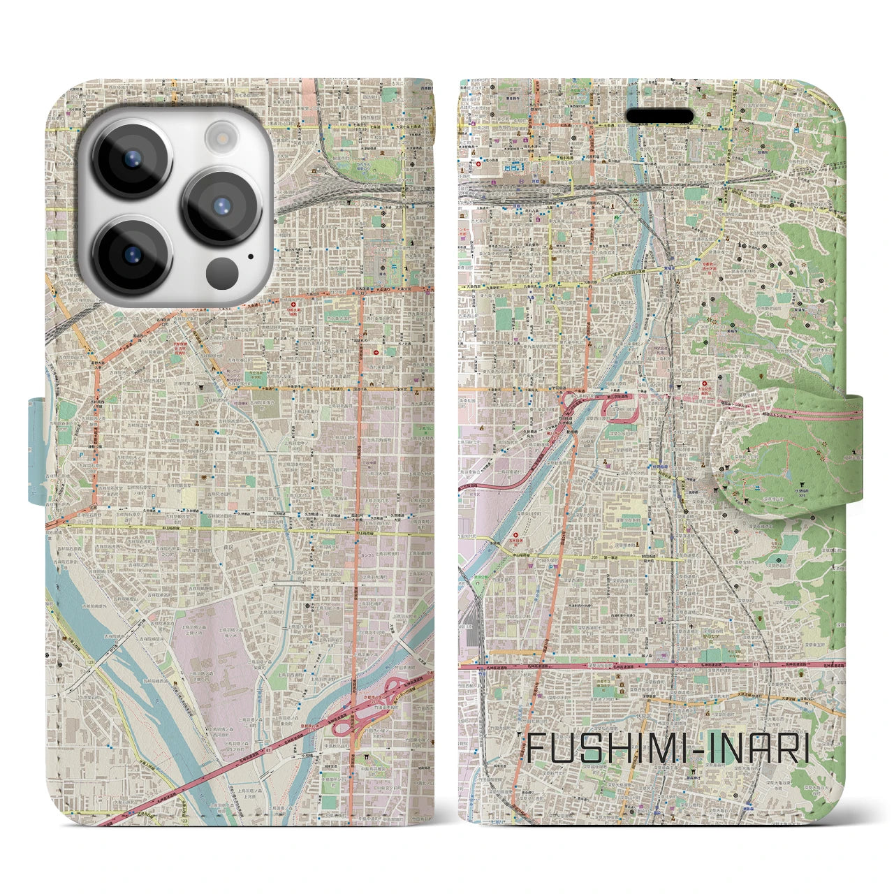 【伏見稲荷(京都府)】地図柄iPhoneケース(手帳タイプ)ナチュラル・iPhone 14 Pro 用