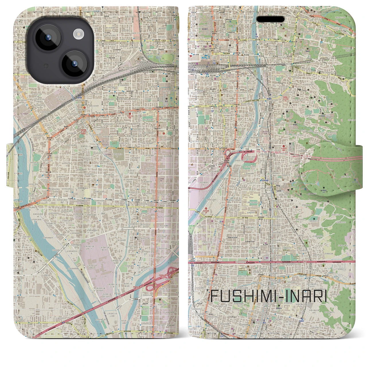 【伏見稲荷(京都府)】地図柄iPhoneケース(手帳タイプ)ナチュラル・iPhone 14 Plus 用