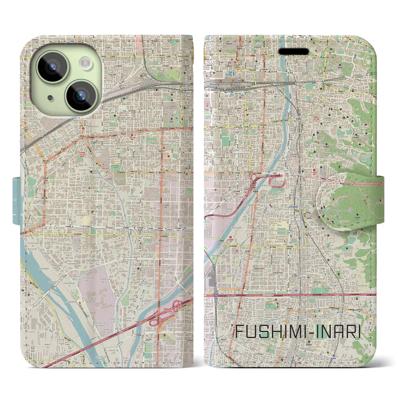 【伏見稲荷(京都府)】地図柄iPhoneケース(手帳タイプ)ナチュラル・iPhone 15 用