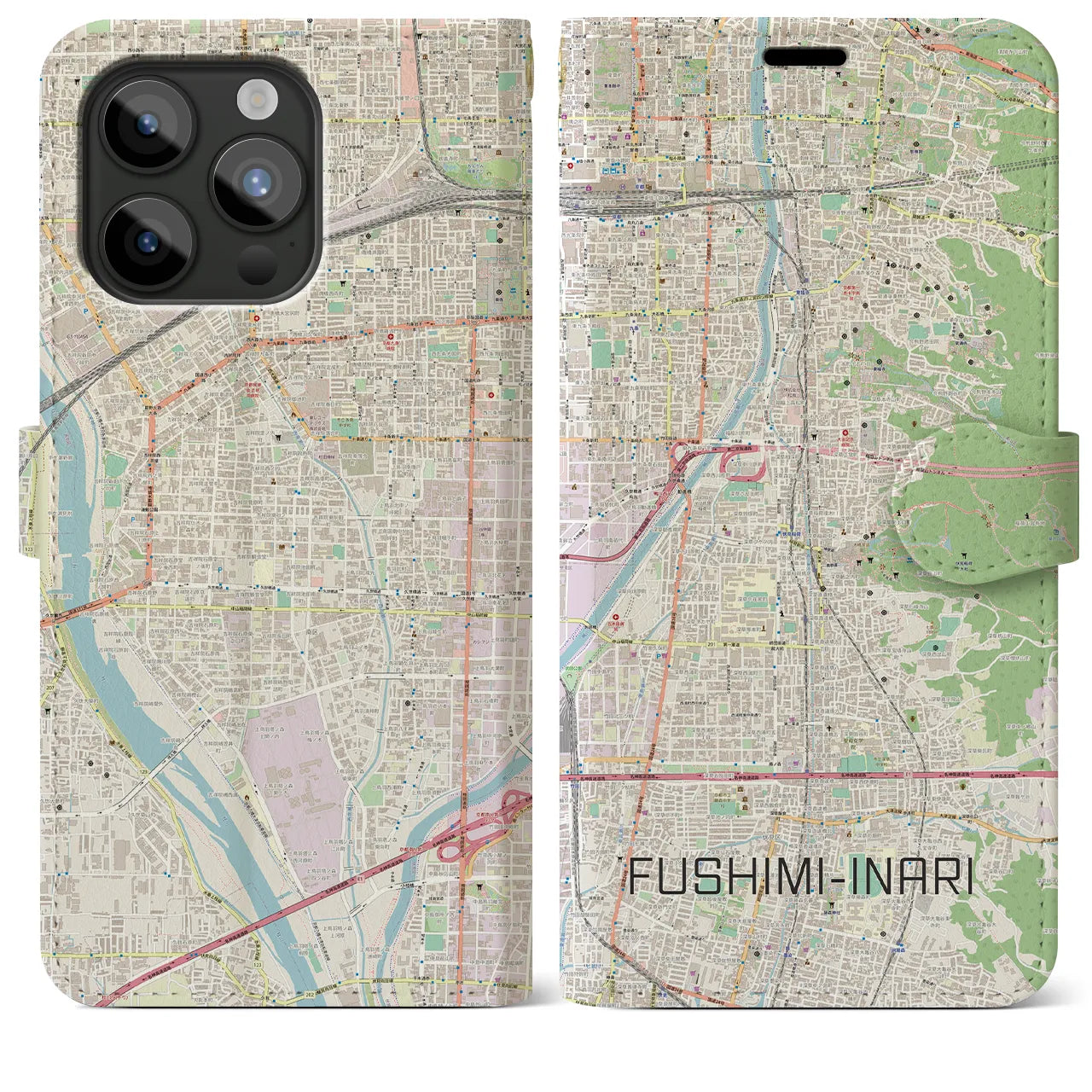 【伏見稲荷(京都府)】地図柄iPhoneケース(手帳タイプ)ナチュラル・iPhone 15 Pro Max 用