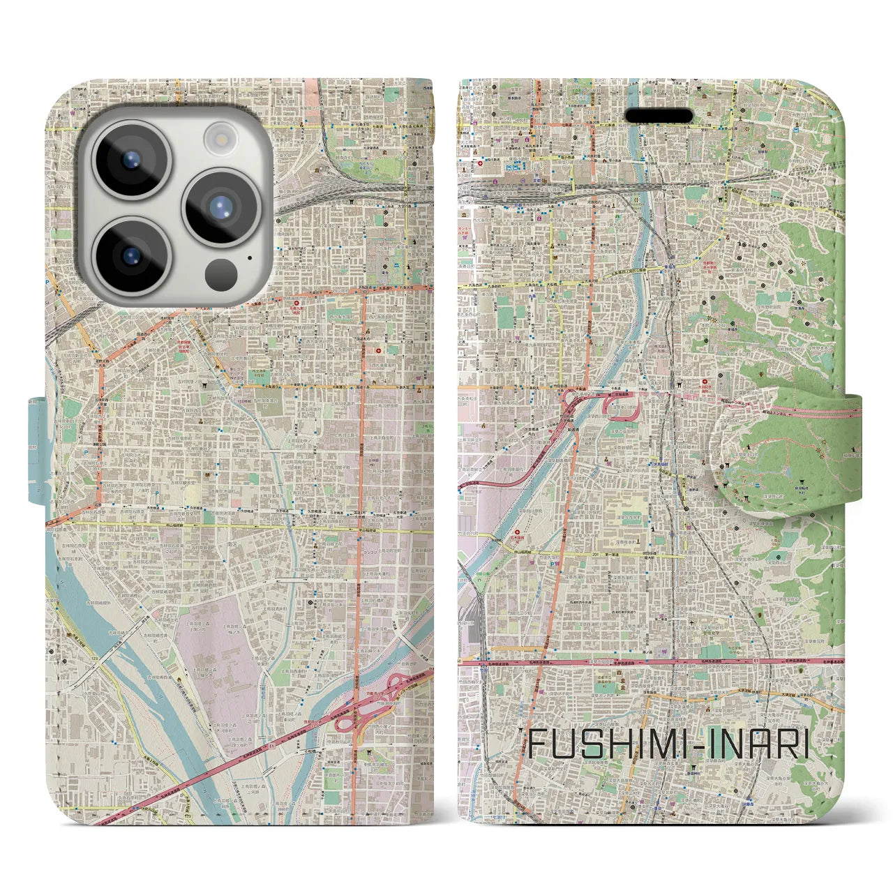 【伏見稲荷(京都府)】地図柄iPhoneケース(手帳タイプ)ナチュラル・iPhone 15 Pro 用
