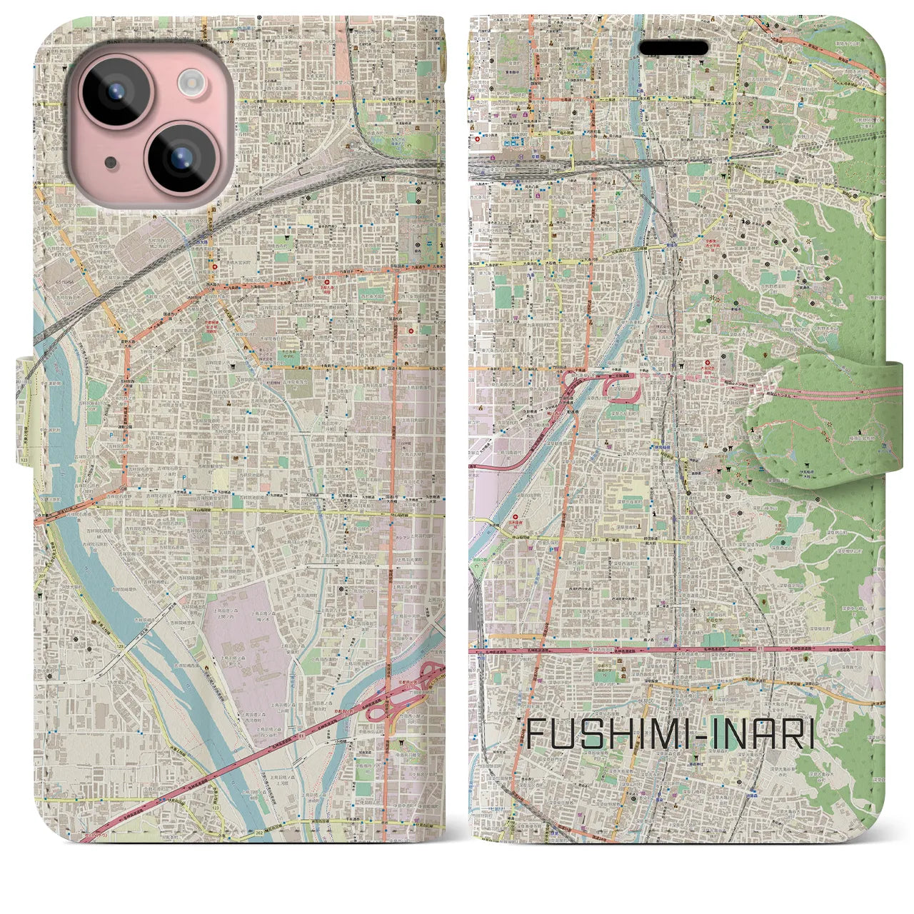 【伏見稲荷(京都府)】地図柄iPhoneケース(手帳タイプ)ナチュラル・iPhone 15 Plus 用