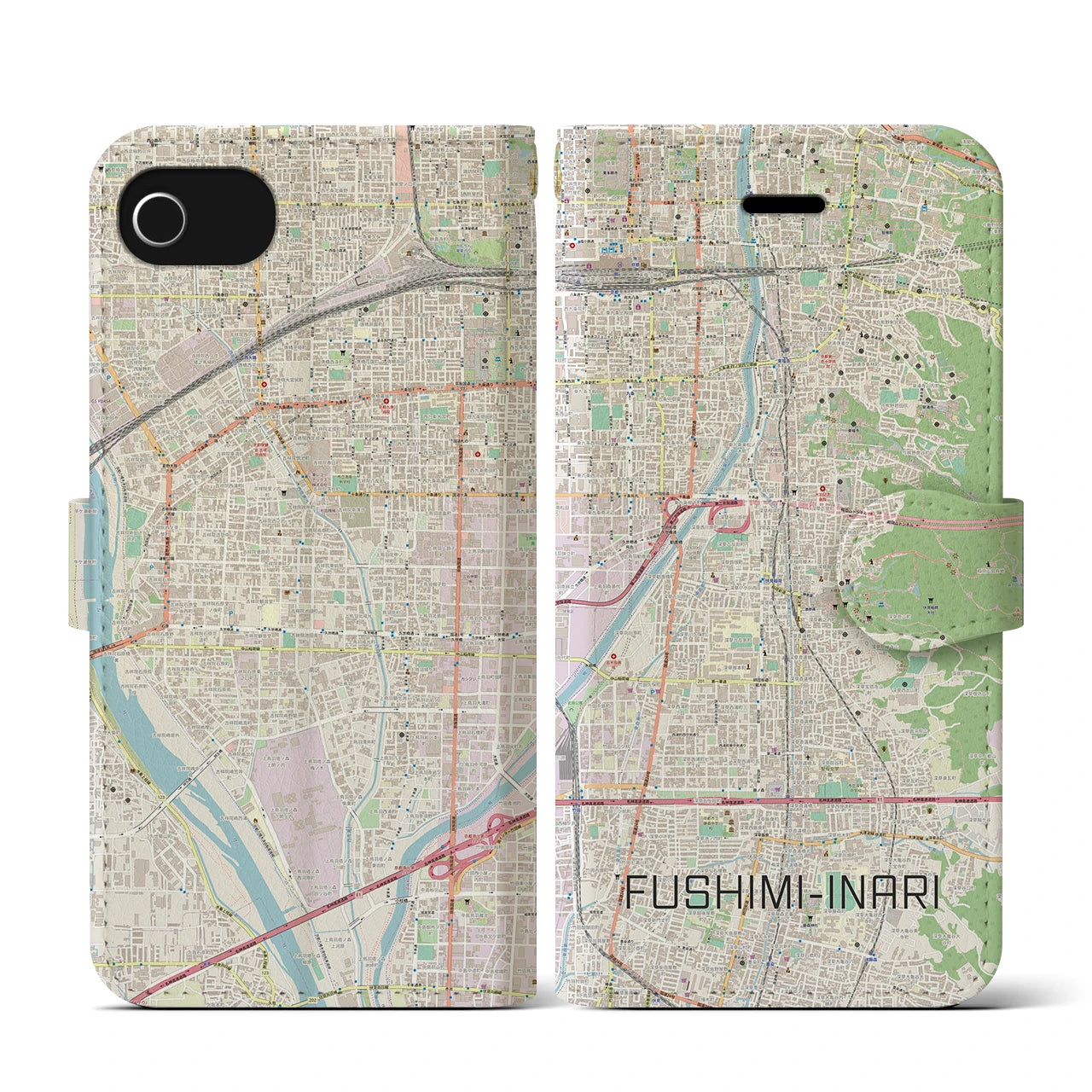 【伏見稲荷(京都府)】地図柄iPhoneケース(手帳タイプ)ナチュラル・iPhone SE(第3 / 第2世代) / 8 / 7 / 6s / 6 用