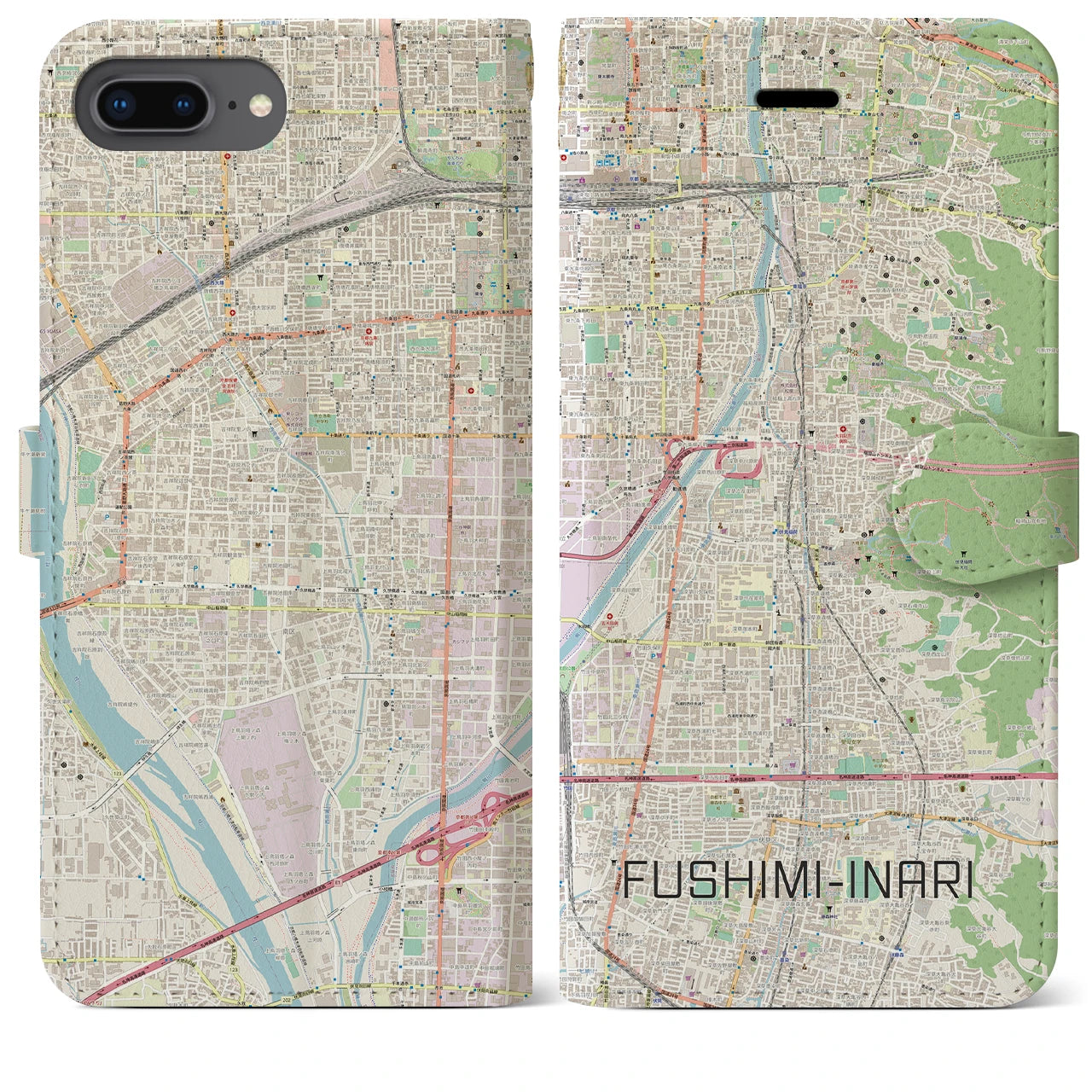 【伏見稲荷(京都府)】地図柄iPhoneケース(手帳タイプ)ナチュラル・iPhone 8Plus /7Plus / 6sPlus / 6Plus 用