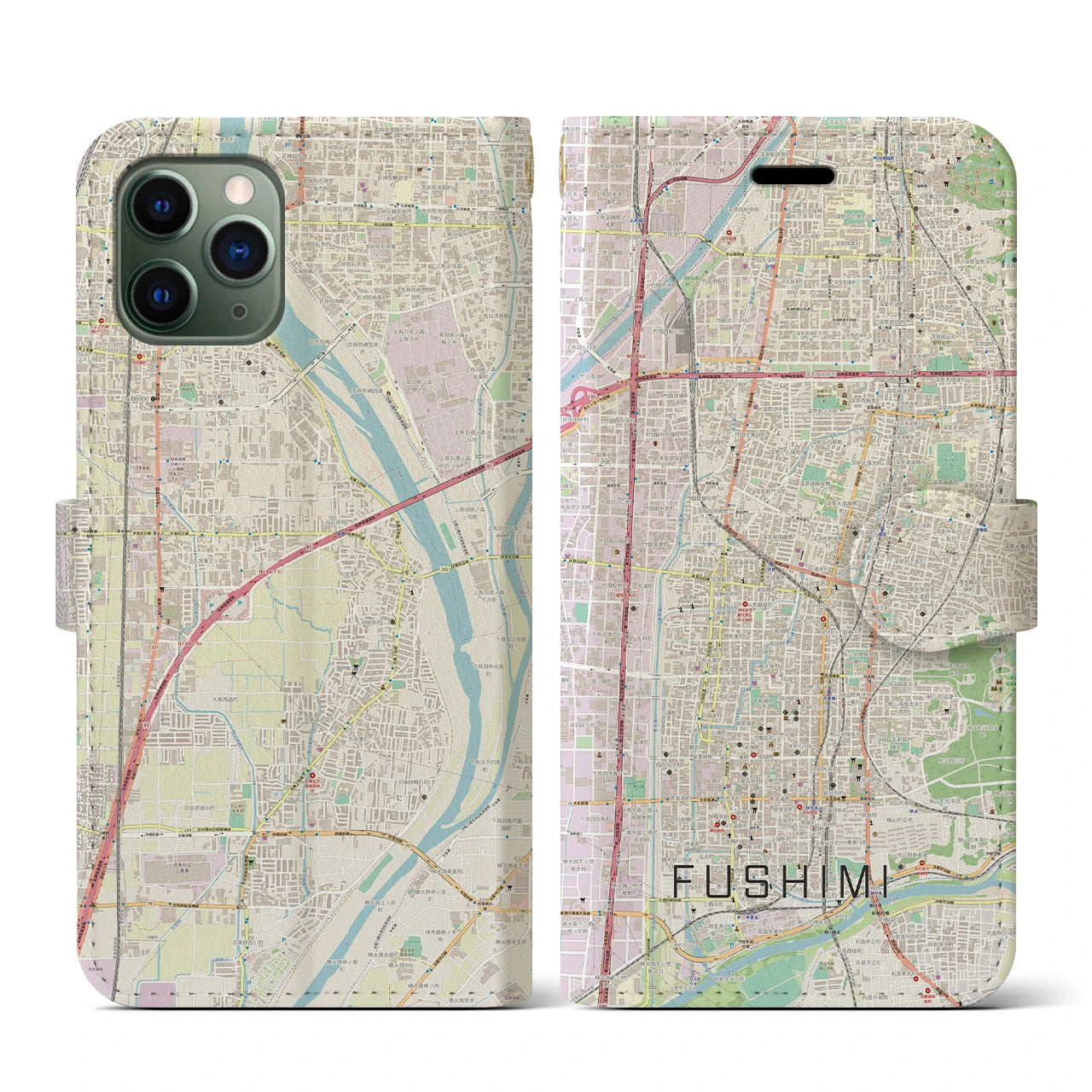 【伏見(京都府)】地図柄iPhoneケース(手帳タイプ)ナチュラル・iPhone 11 Pro 用