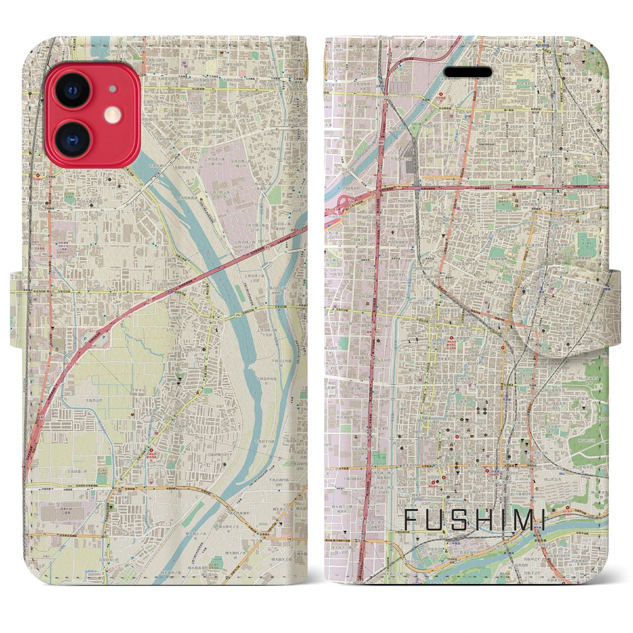 【伏見(京都府)】地図柄iPhoneケース(手帳タイプ)ナチュラル・iPhone 11 用