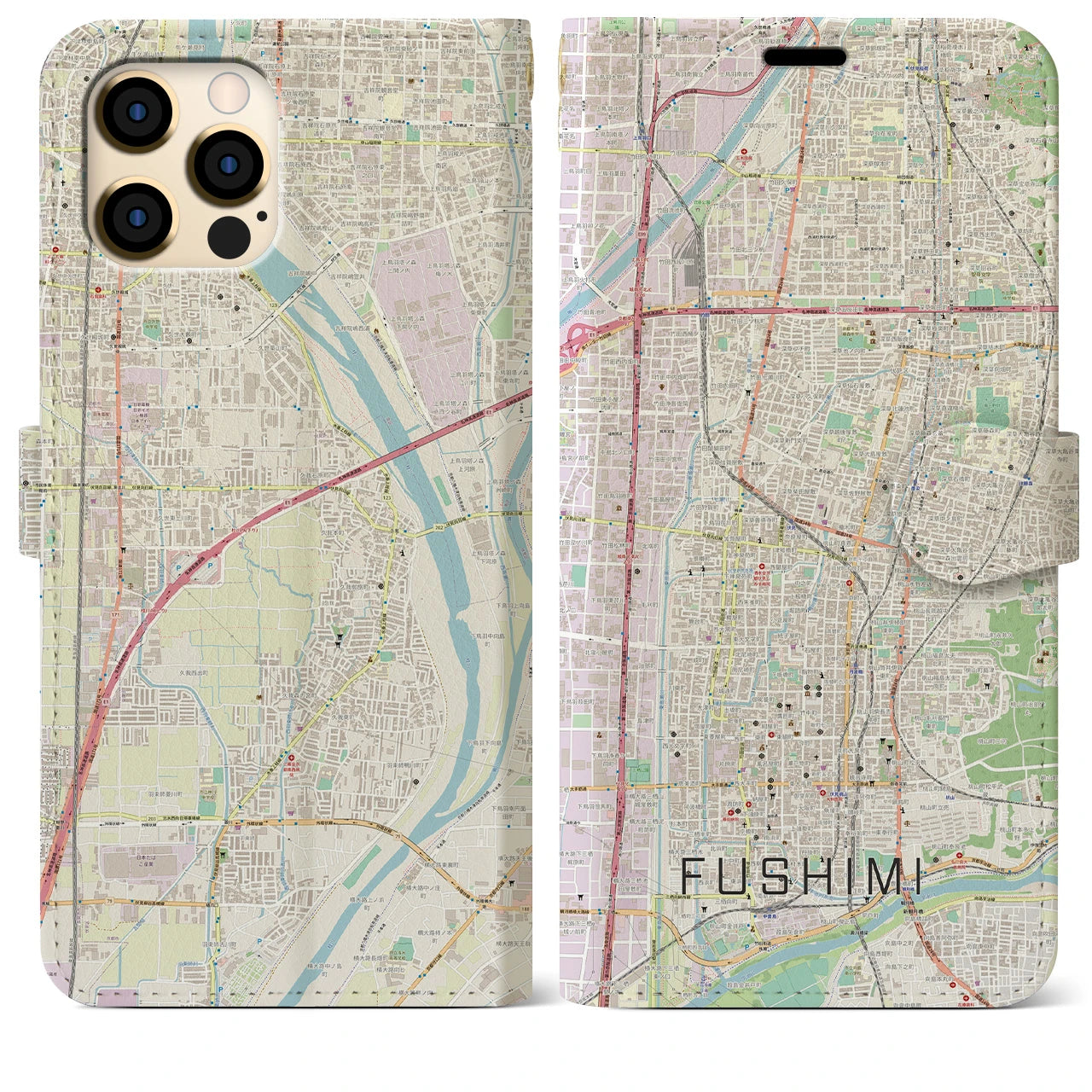 【伏見(京都府)】地図柄iPhoneケース(手帳タイプ)ナチュラル・iPhone 12 Pro Max 用