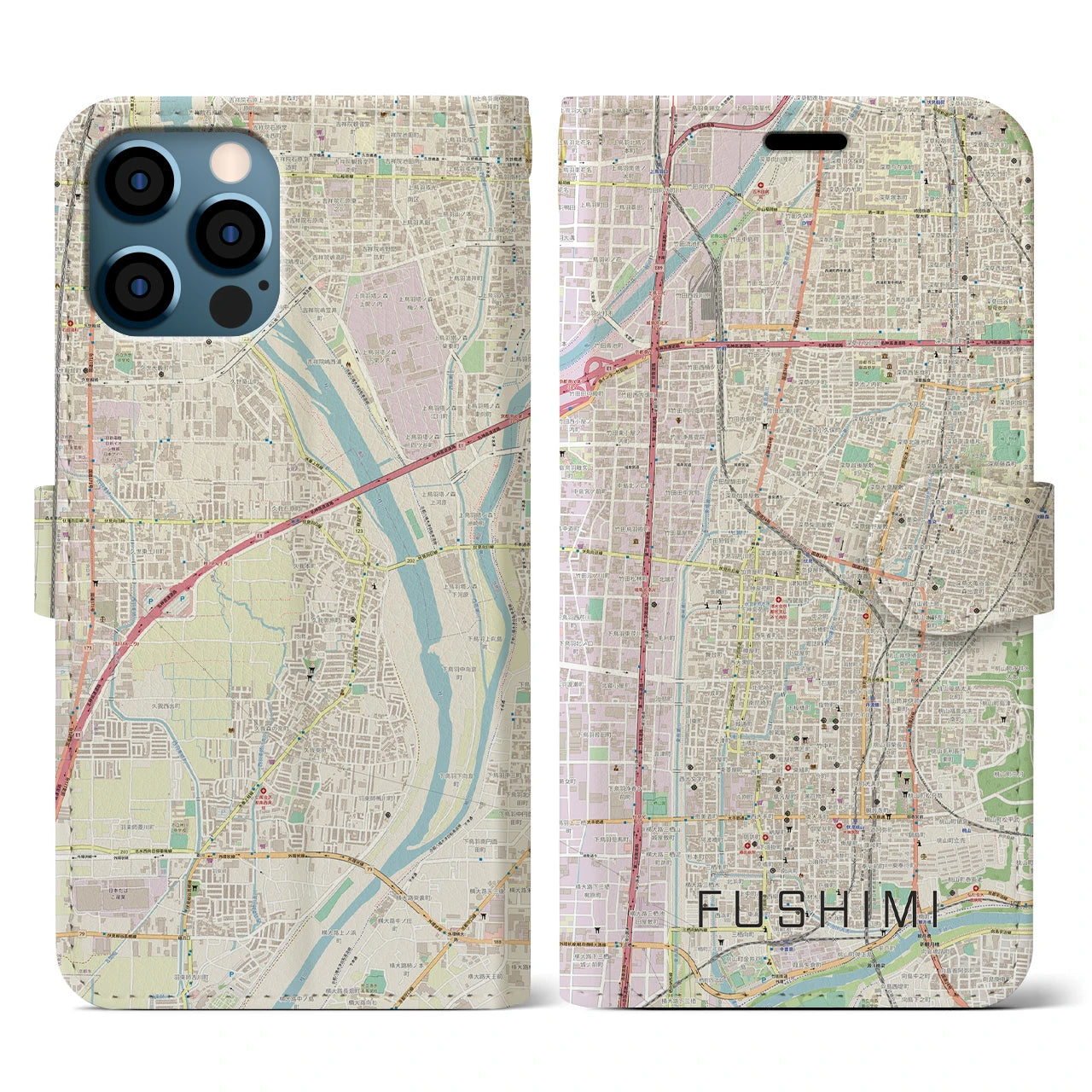 【伏見(京都府)】地図柄iPhoneケース(手帳タイプ)ナチュラル・iPhone 12 / 12 Pro 用