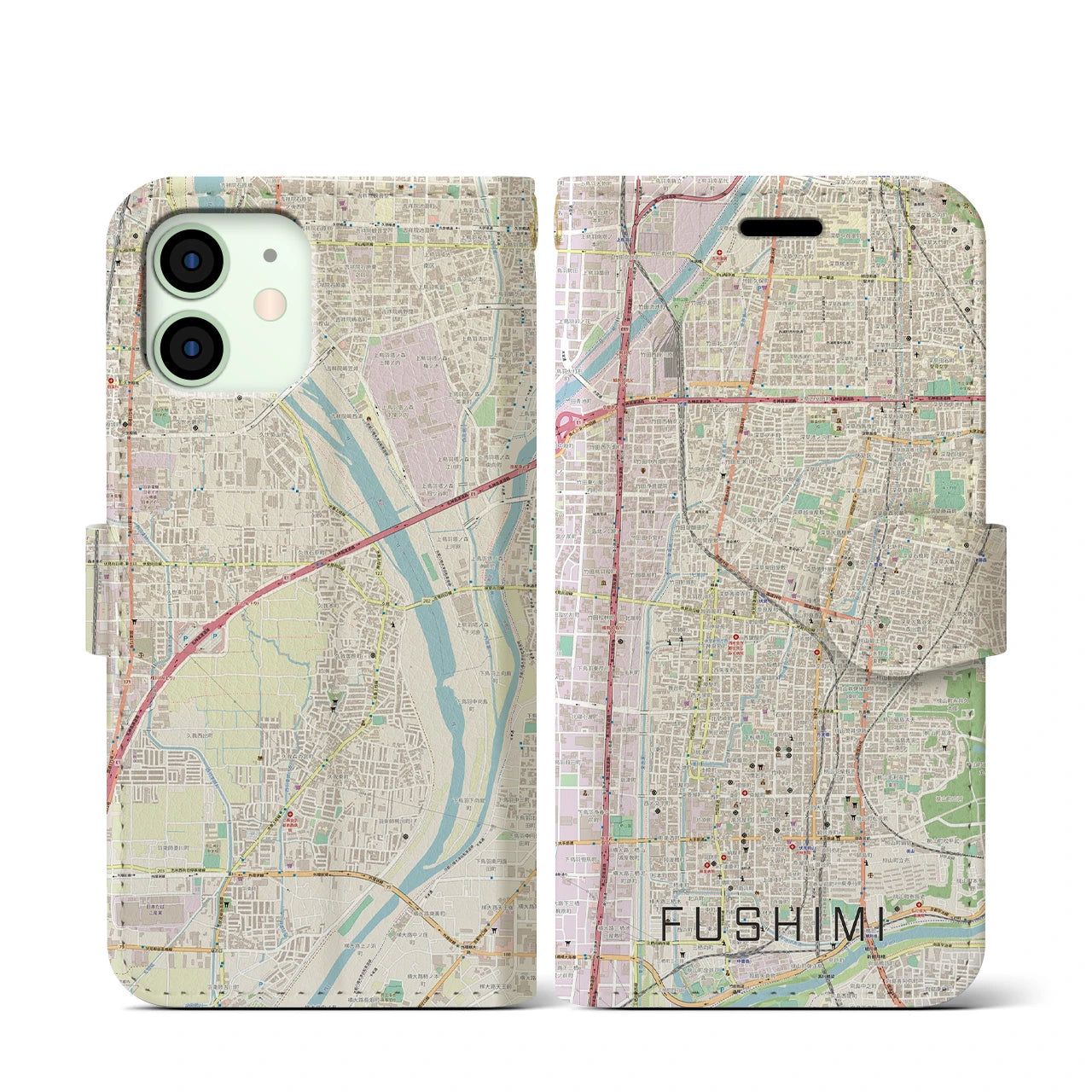 【伏見(京都府)】地図柄iPhoneケース(手帳タイプ)ナチュラル・iPhone 12 mini 用