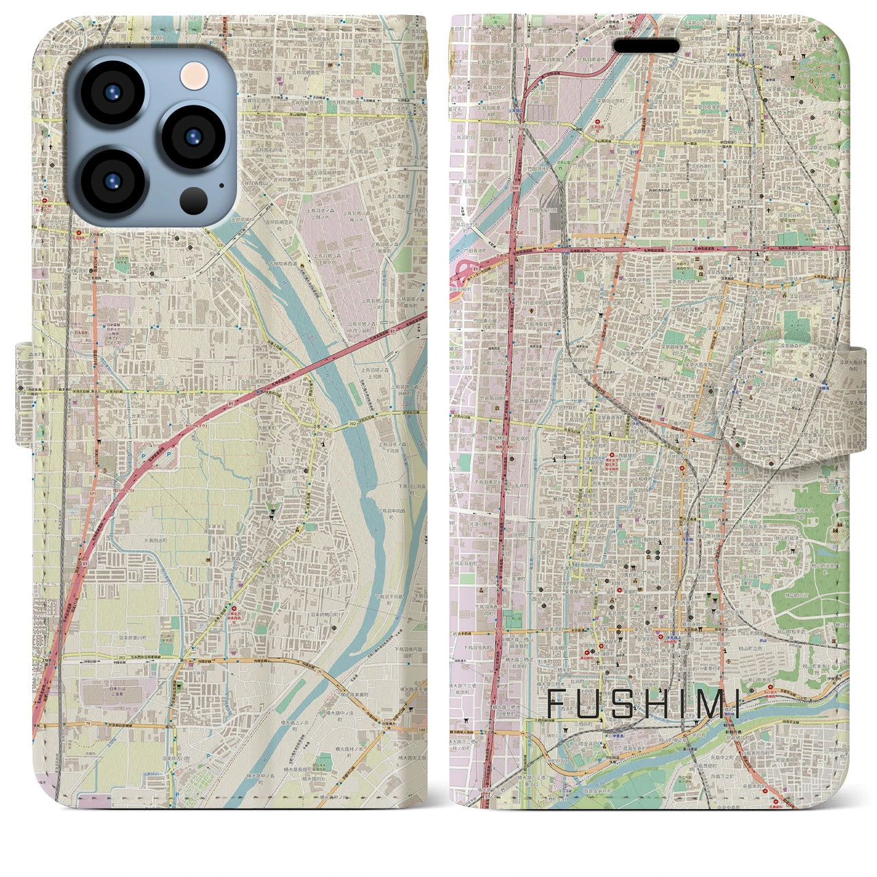 【伏見(京都府)】地図柄iPhoneケース(手帳タイプ)ナチュラル・iPhone 13 Pro Max 用