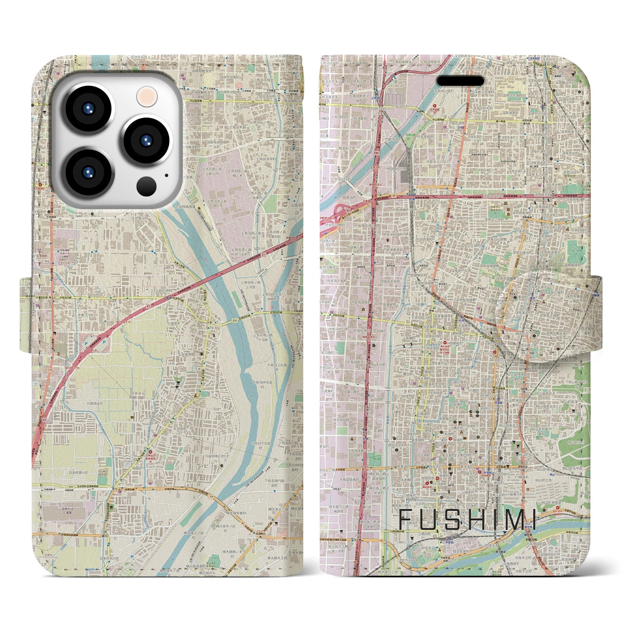 【伏見(京都府)】地図柄iPhoneケース(手帳タイプ)ナチュラル・iPhone 13 Pro 用