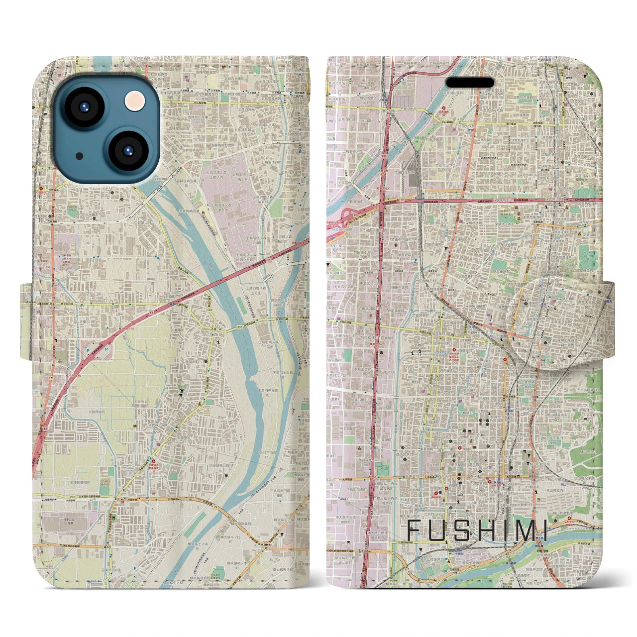 【伏見(京都府)】地図柄iPhoneケース(手帳タイプ)ナチュラル・iPhone 13 用
