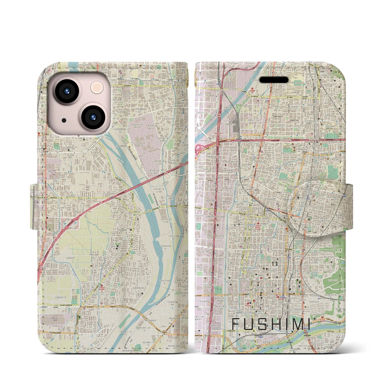 【伏見(京都府)】地図柄iPhoneケース(手帳タイプ)ナチュラル・iPhone 13 mini 用