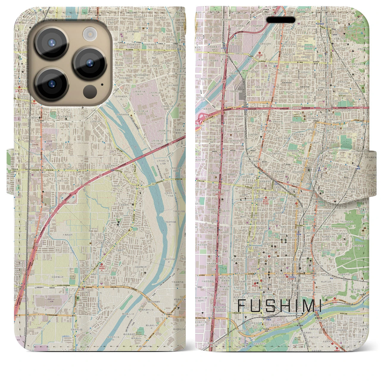 【伏見(京都府)】地図柄iPhoneケース(手帳タイプ)ナチュラル・iPhone 14 Pro Max 用
