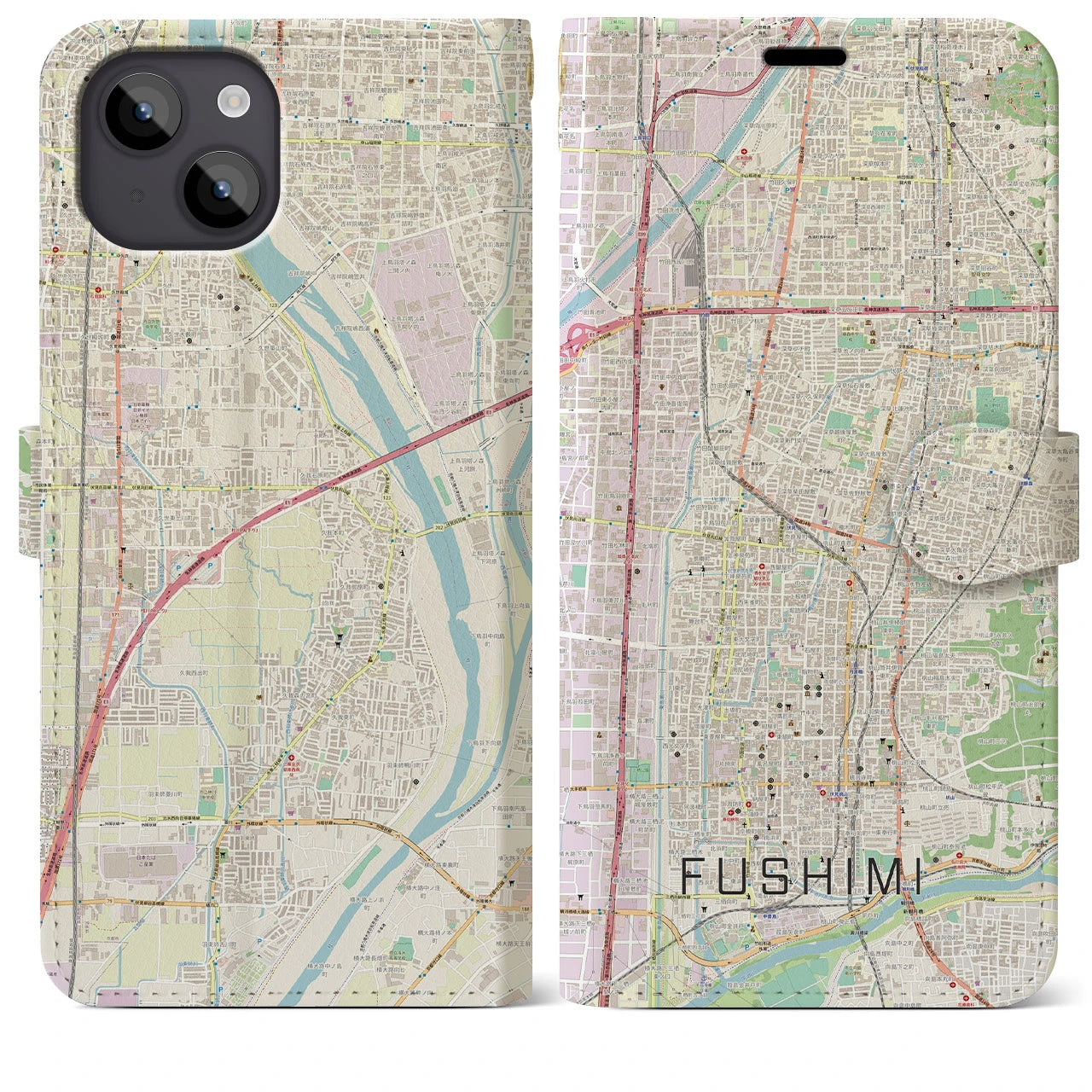 【伏見(京都府)】地図柄iPhoneケース(手帳タイプ)ナチュラル・iPhone 14 Plus 用