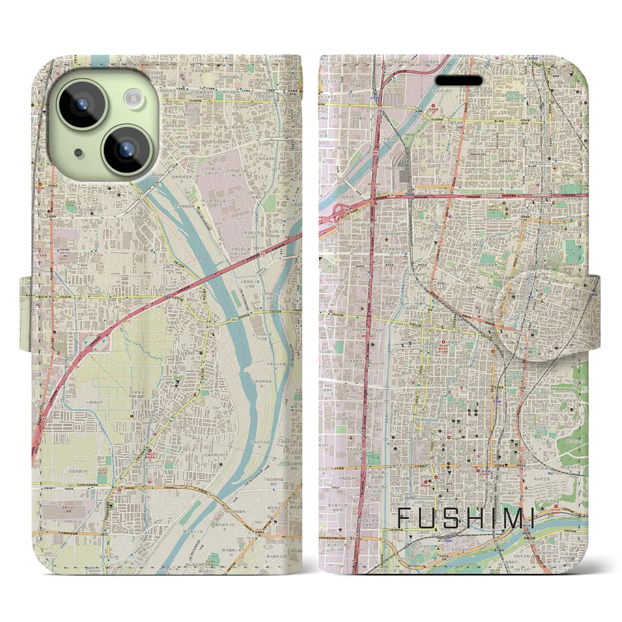 【伏見(京都府)】地図柄iPhoneケース(手帳タイプ)ナチュラル・iPhone 15 用