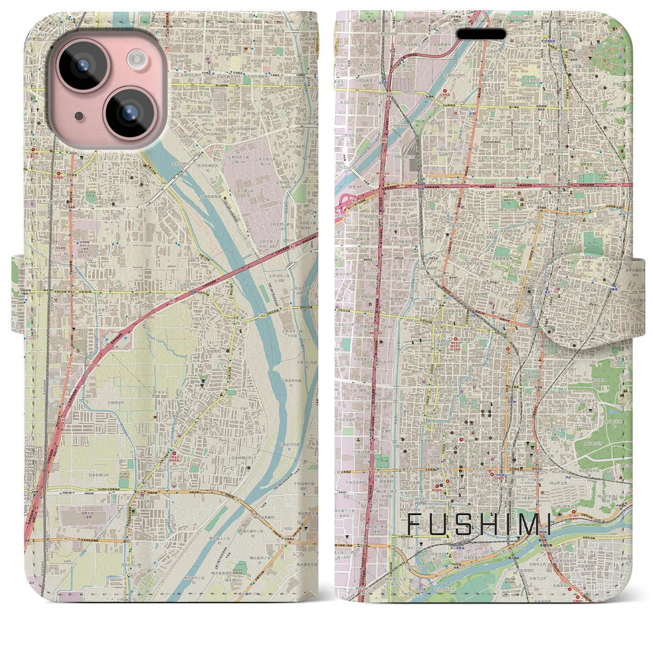 【伏見(京都府)】地図柄iPhoneケース(手帳タイプ)ナチュラル・iPhone 15 Plus 用