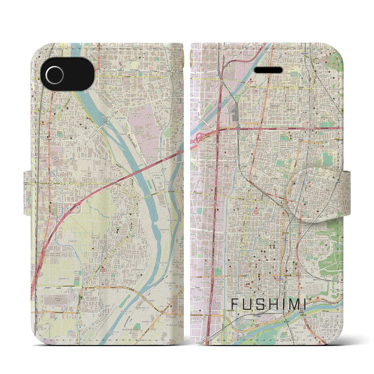 【伏見(京都府)】地図柄iPhoneケース(手帳タイプ)ナチュラル・iPhone SE(第3 / 第2世代) / 8 / 7 / 6s / 6 用