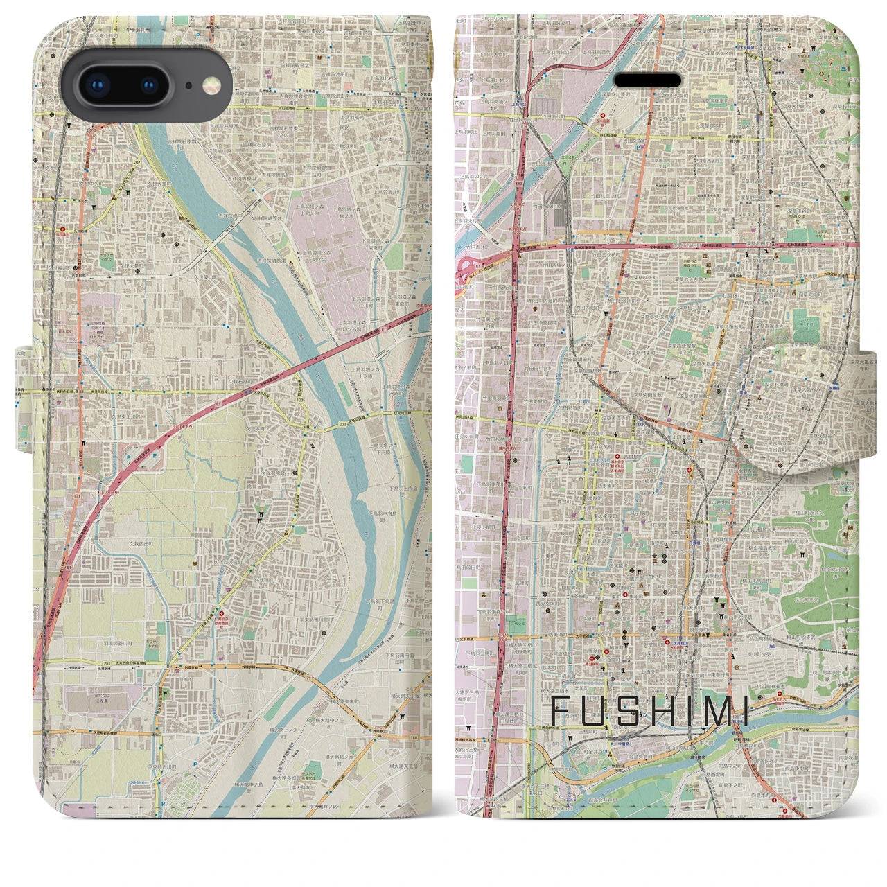 【伏見(京都府)】地図柄iPhoneケース(手帳タイプ)ナチュラル・iPhone 8Plus /7Plus / 6sPlus / 6Plus 用