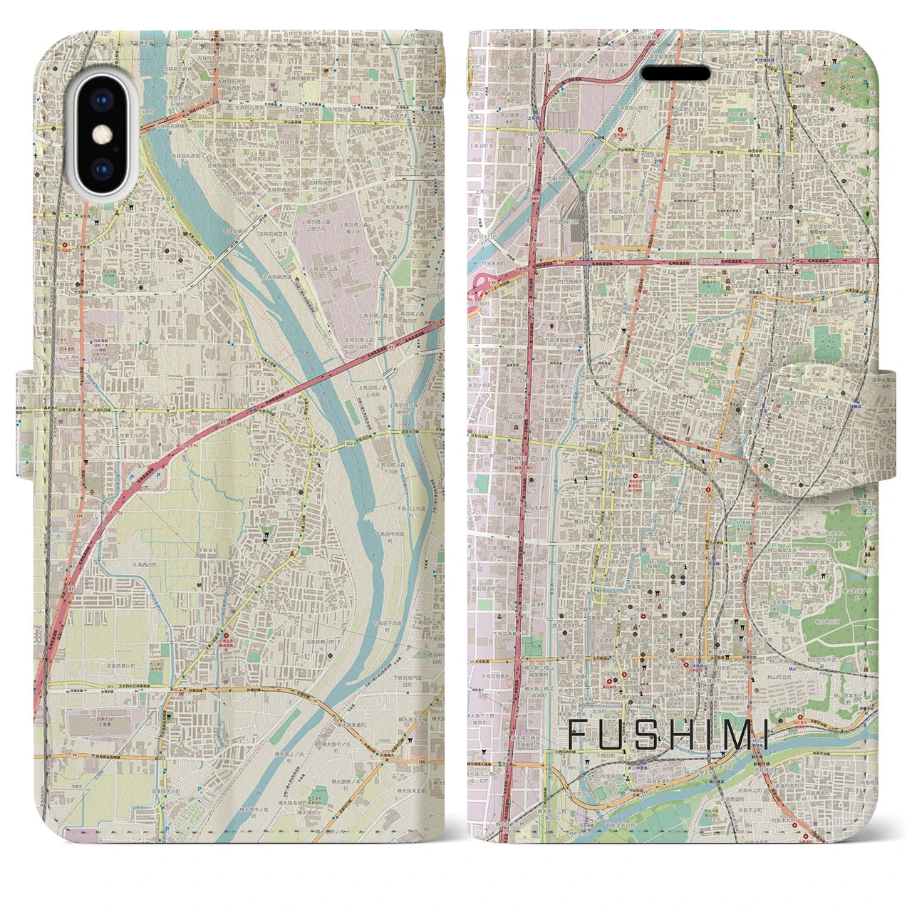 【伏見(京都府)】地図柄iPhoneケース(手帳タイプ)ナチュラル・iPhone XS Max 用