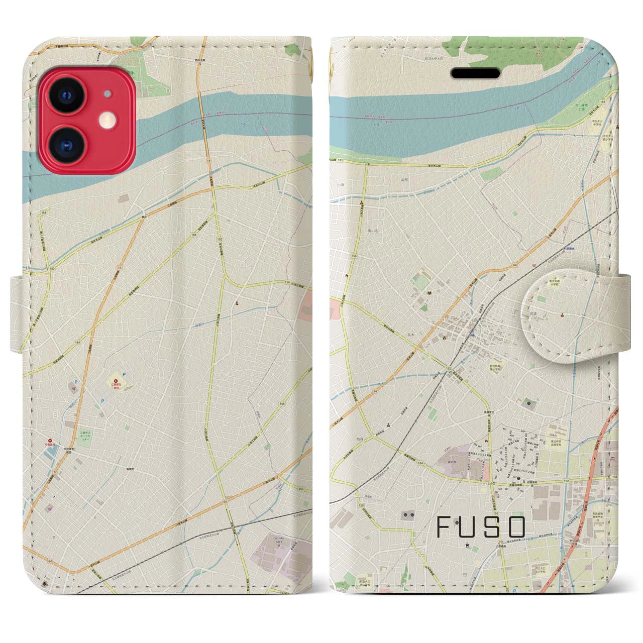 【扶桑(愛知県)】地図柄iPhoneケース(手帳タイプ)ナチュラル・iPhone 11 用
