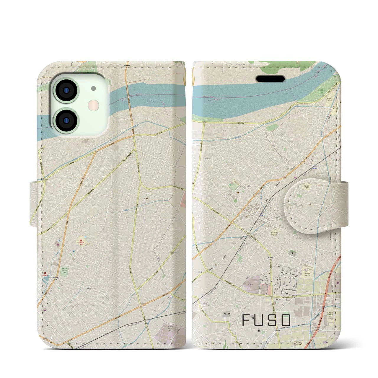 【扶桑(愛知県)】地図柄iPhoneケース(手帳タイプ)ナチュラル・iPhone 12 mini 用