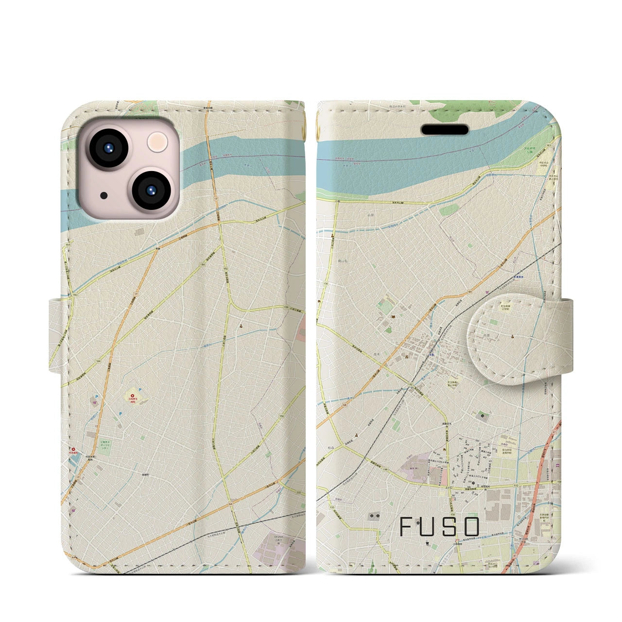 【扶桑(愛知県)】地図柄iPhoneケース(手帳タイプ)ナチュラル・iPhone 13 mini 用