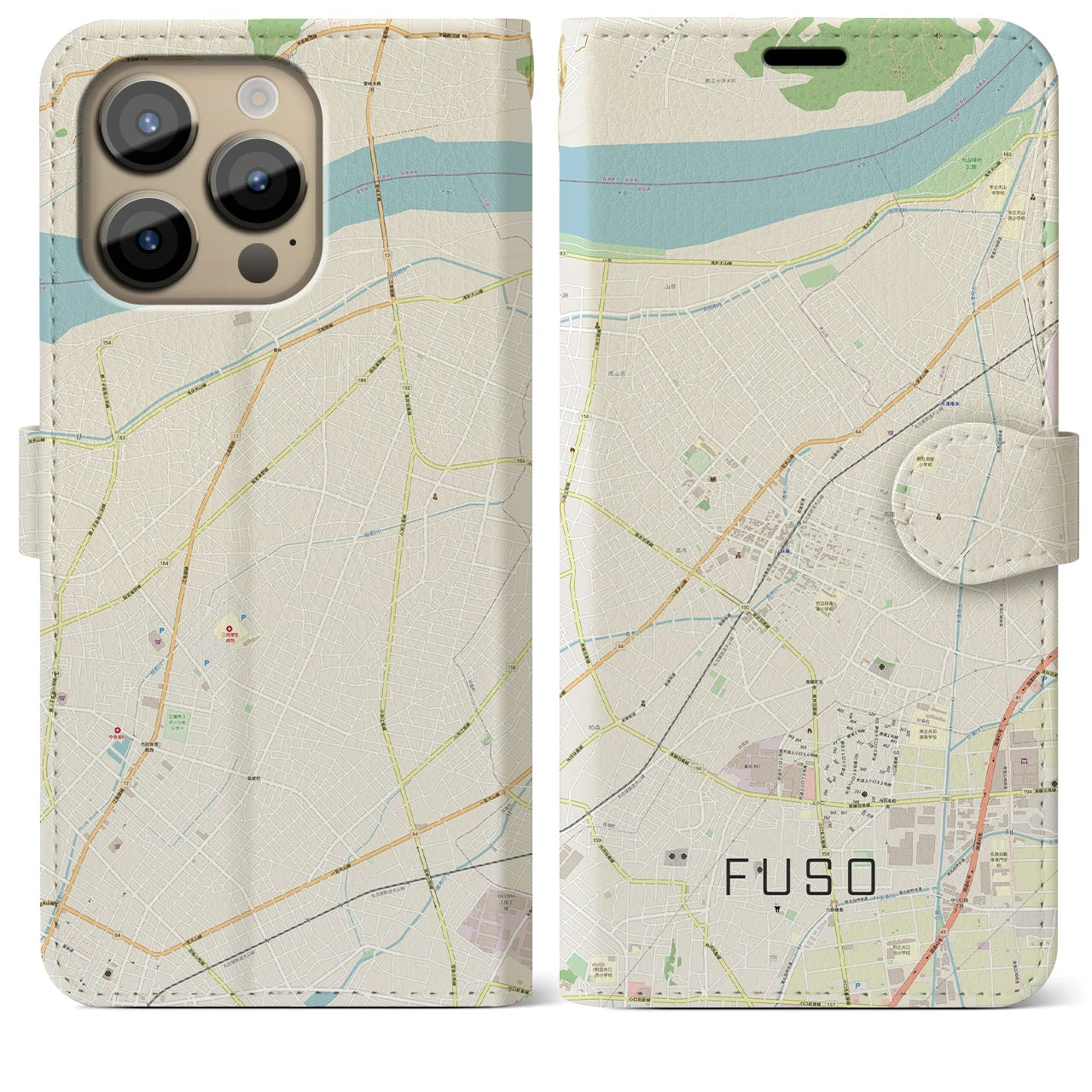 【扶桑(愛知県)】地図柄iPhoneケース(手帳タイプ)ナチュラル・iPhone 14 Pro Max 用
