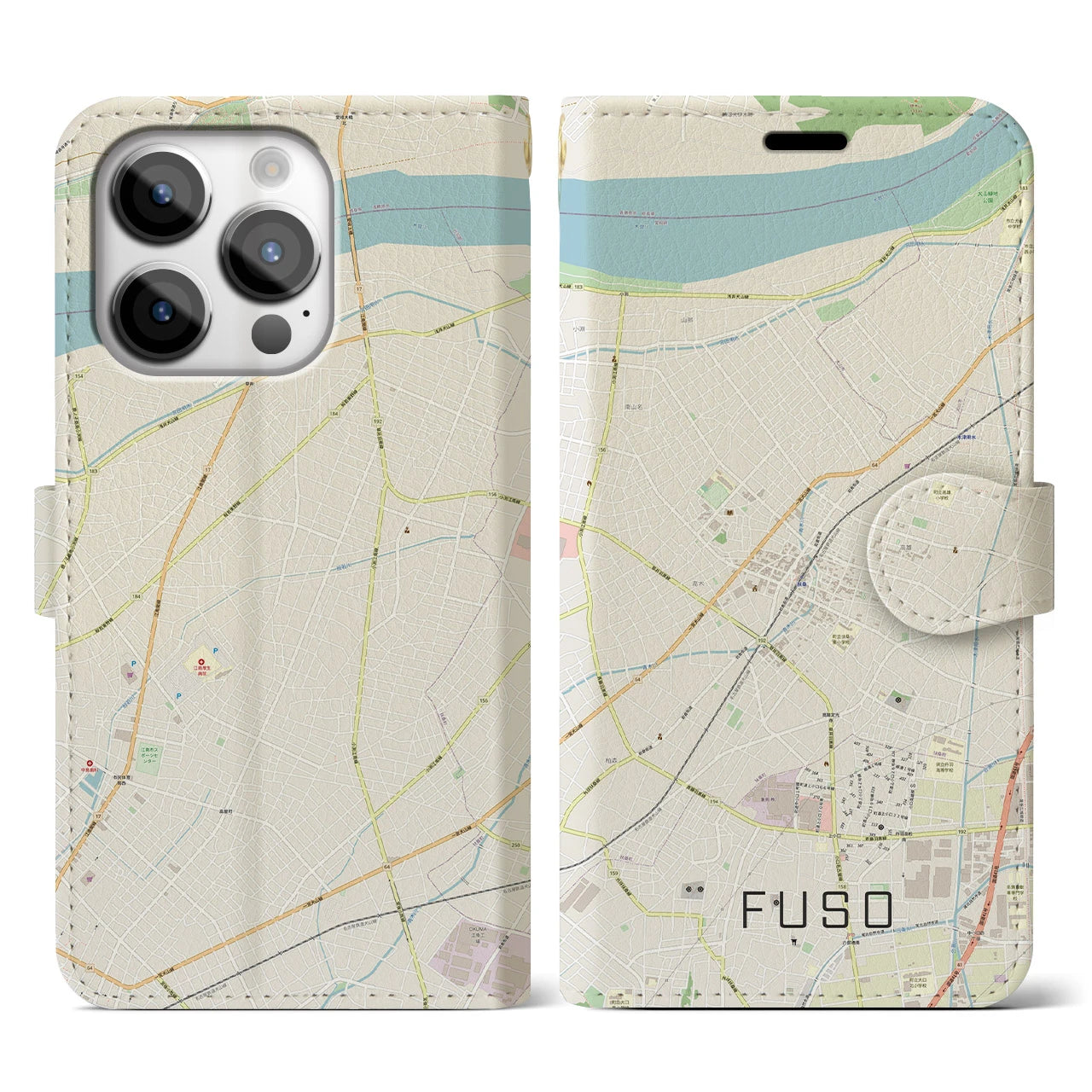 【扶桑(愛知県)】地図柄iPhoneケース(手帳タイプ)ナチュラル・iPhone 14 Pro 用