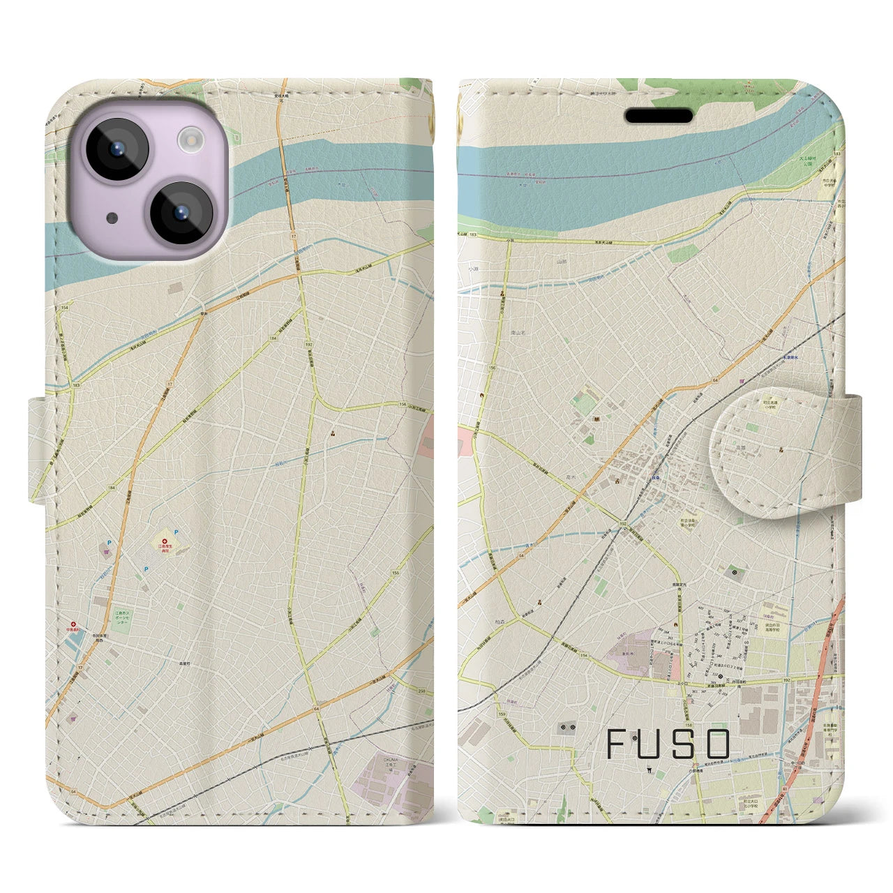 【扶桑(愛知県)】地図柄iPhoneケース(手帳タイプ)ナチュラル・iPhone 14 用